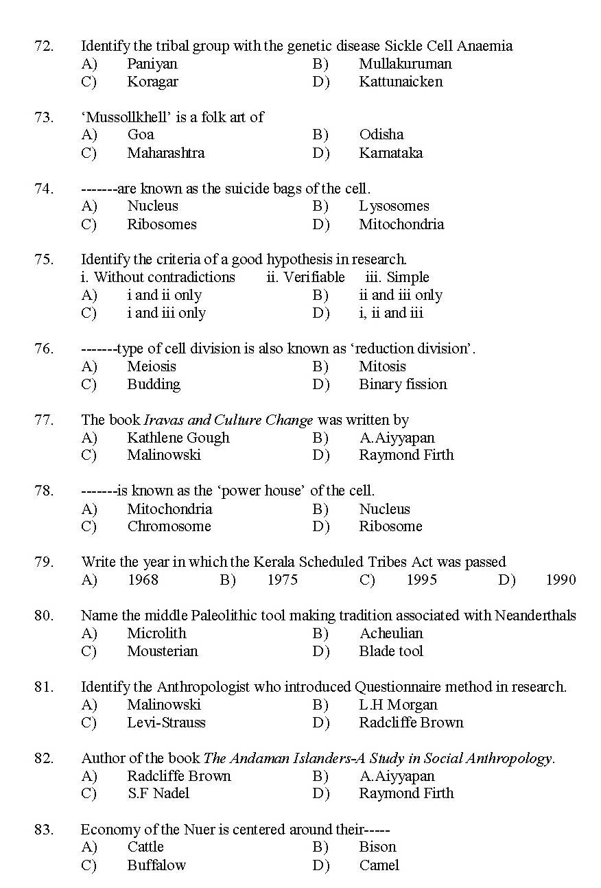Kerala SET Anthropology Exam 2015 Question Code 15601 8