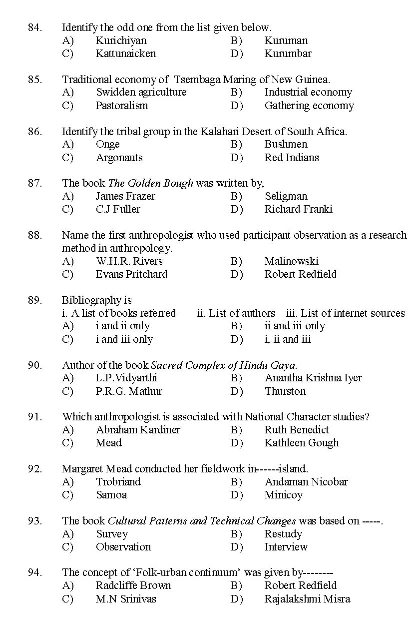 Kerala SET Anthropology Exam 2015 Question Code 15601 9