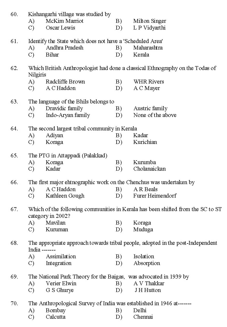 Kerala SET Anthropology Exam 2016 Question Code 16101 A 7