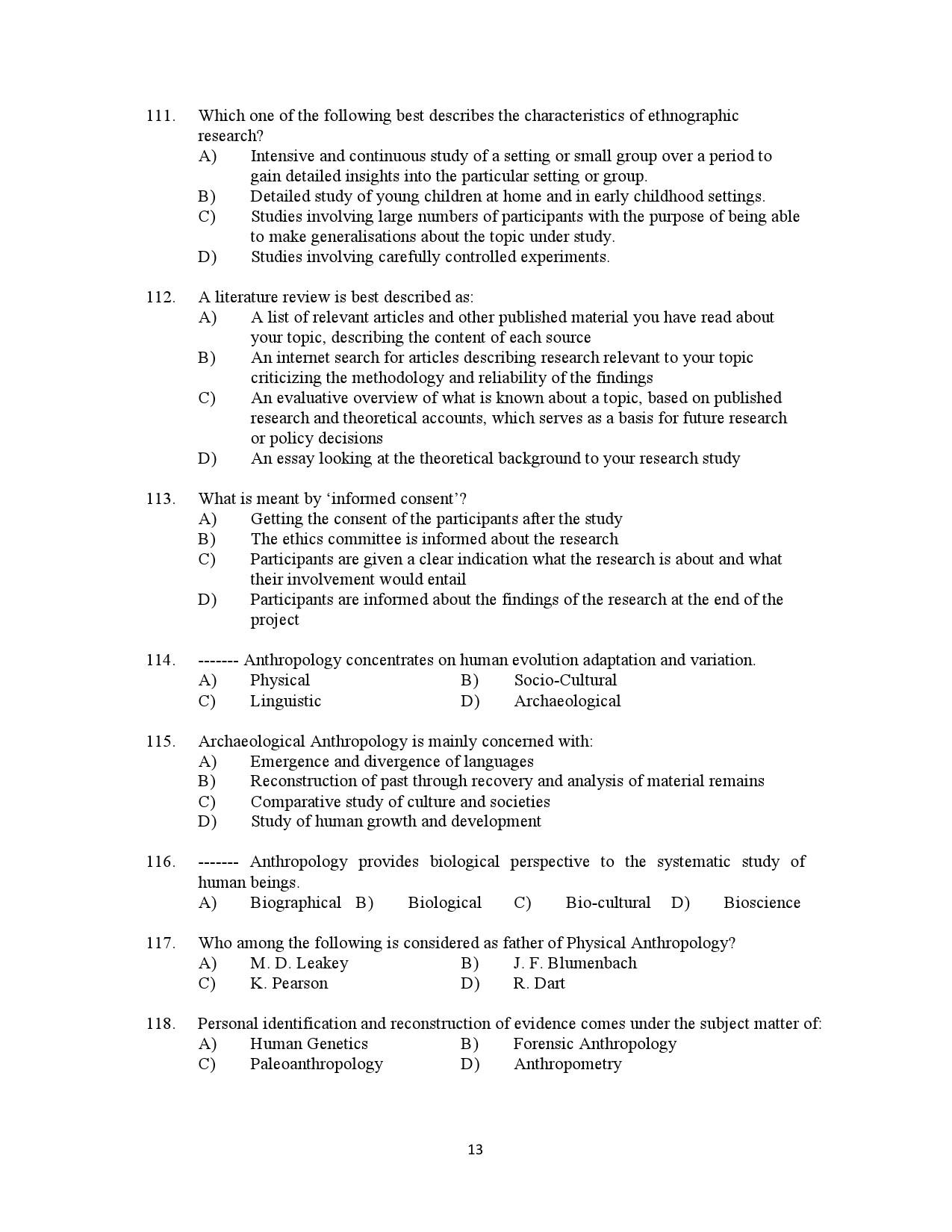 Kerala SET Anthropology Exam Question Paper July 2022 13