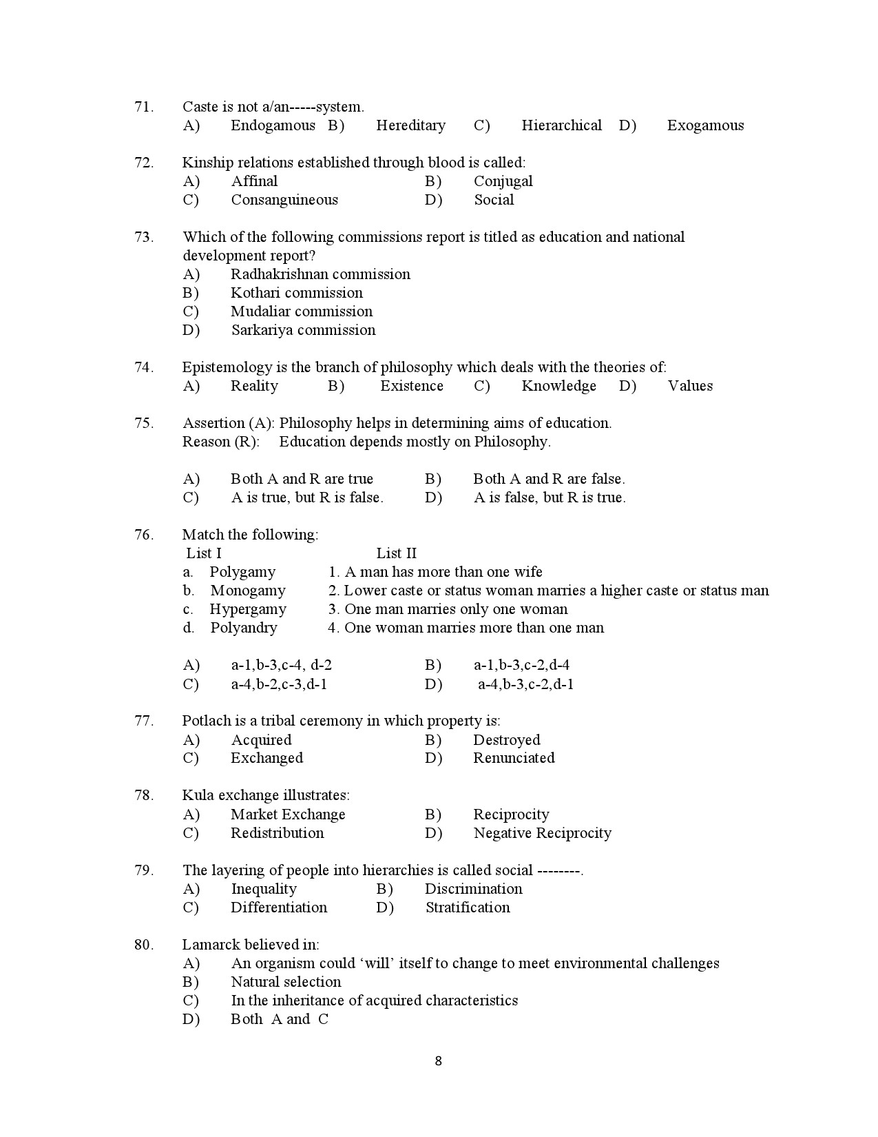 Kerala SET Anthropology Exam Question Paper July 2022 8