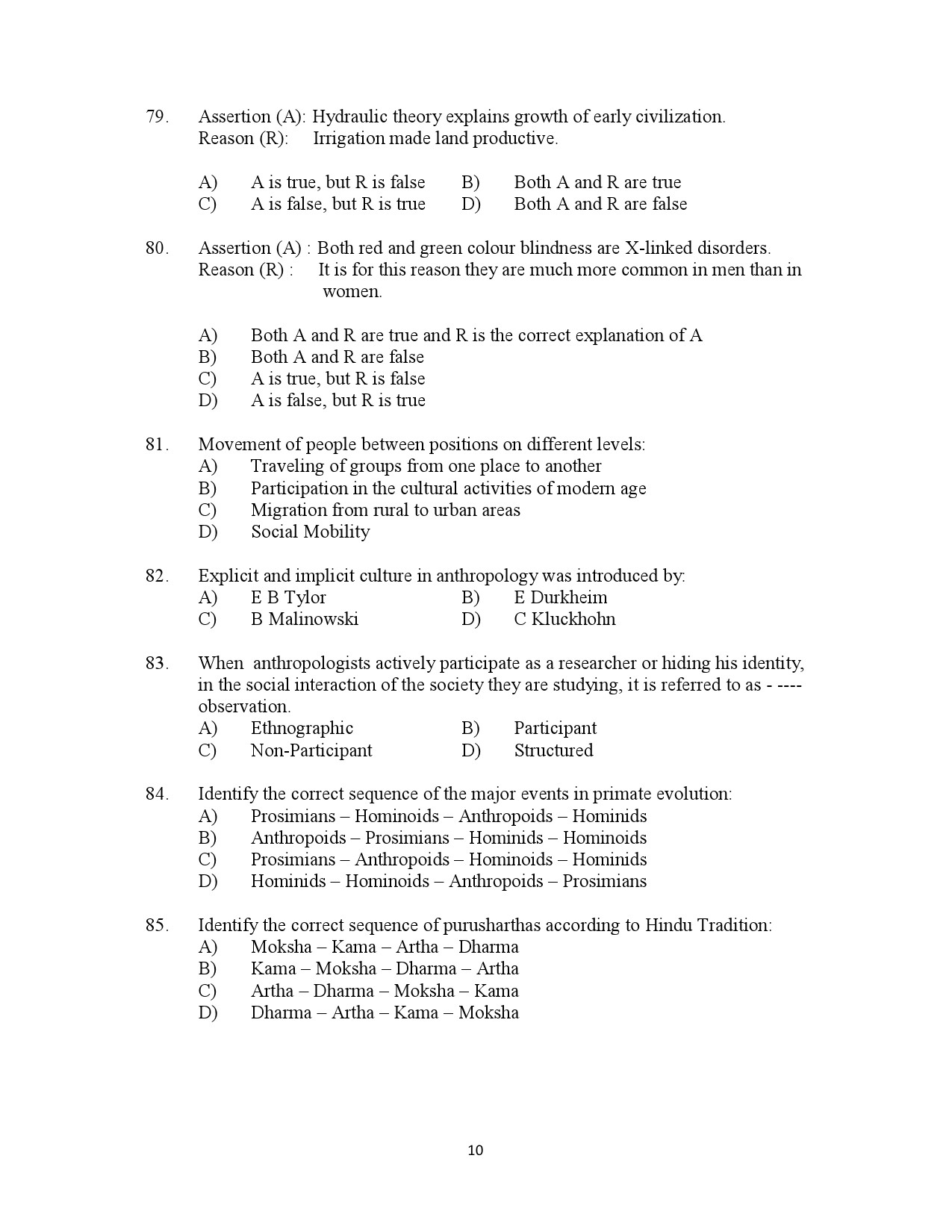 Kerala SET Anthropology Exam Question Paper July 2023 10