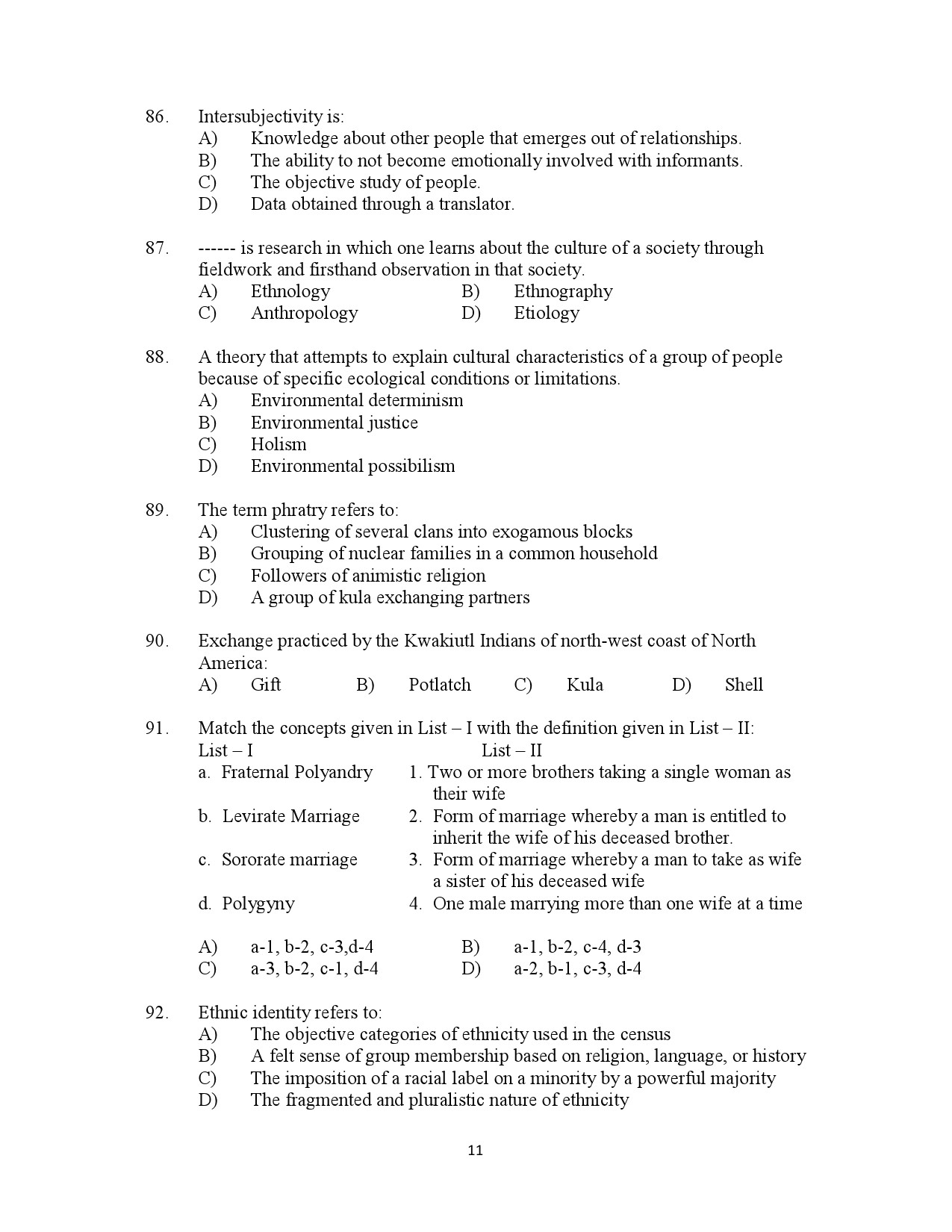 Kerala SET Anthropology Exam Question Paper July 2023 11