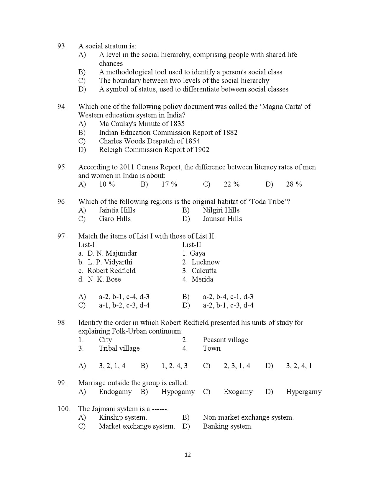 Kerala SET Anthropology Exam Question Paper July 2023 12