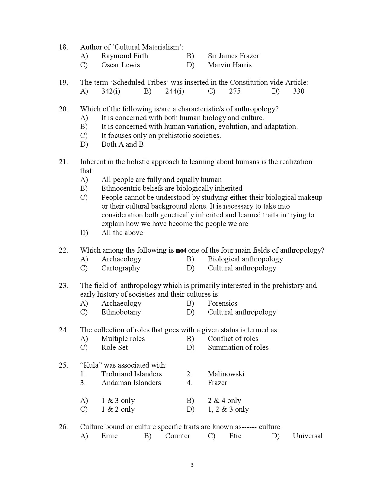 Kerala SET Anthropology Exam Question Paper July 2023 3