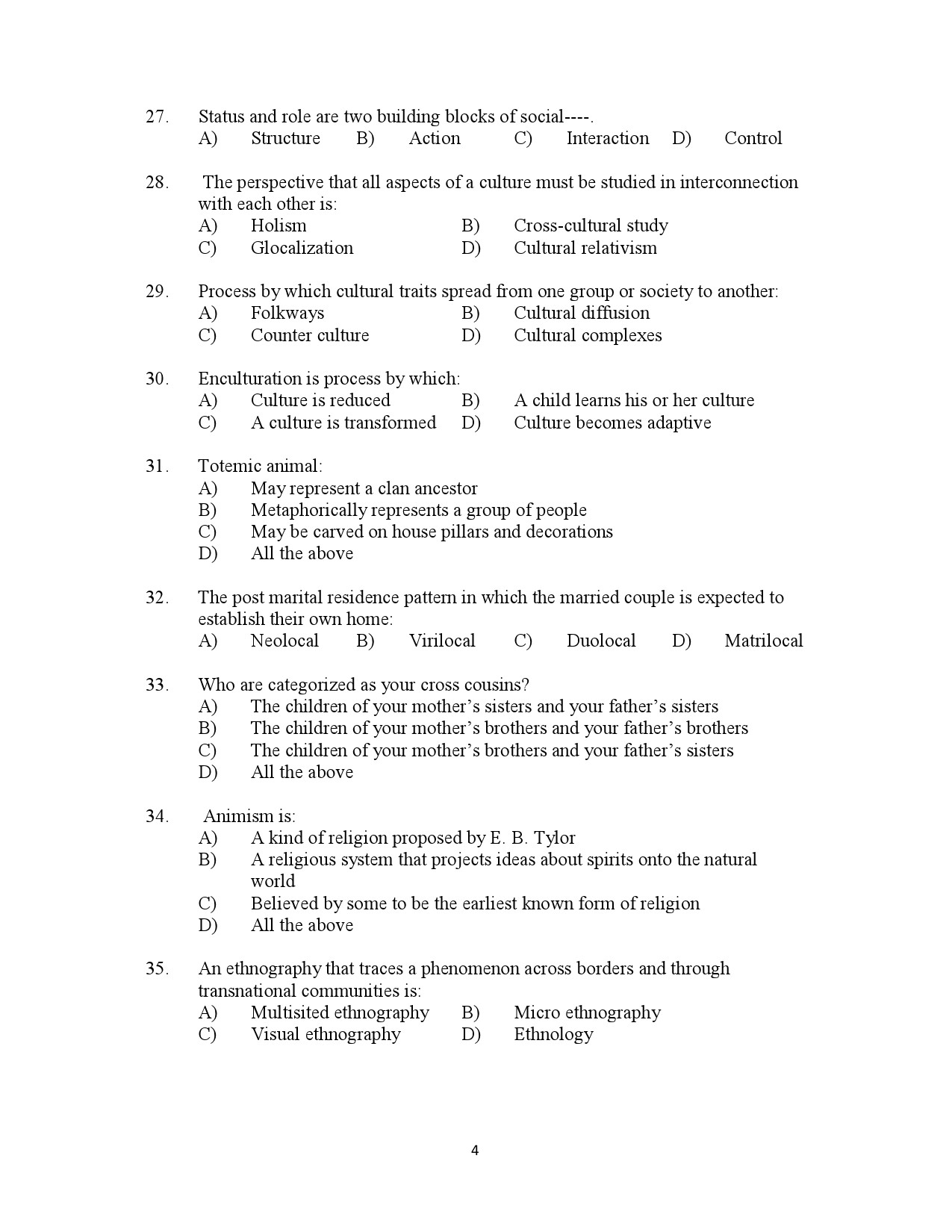 Kerala SET Anthropology Exam Question Paper July 2023 4