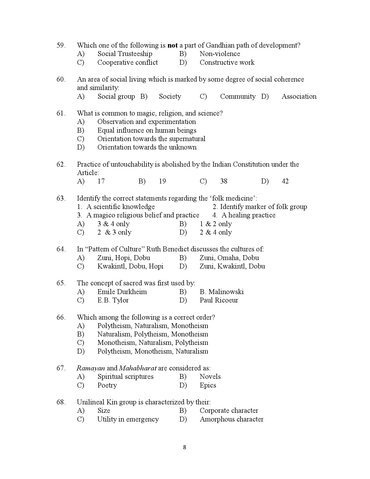 Kerala SET Anthropology Exam Question Paper July 2023 8