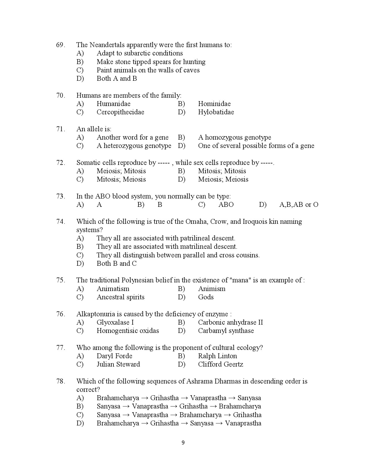 Kerala SET Anthropology Exam Question Paper July 2023 9