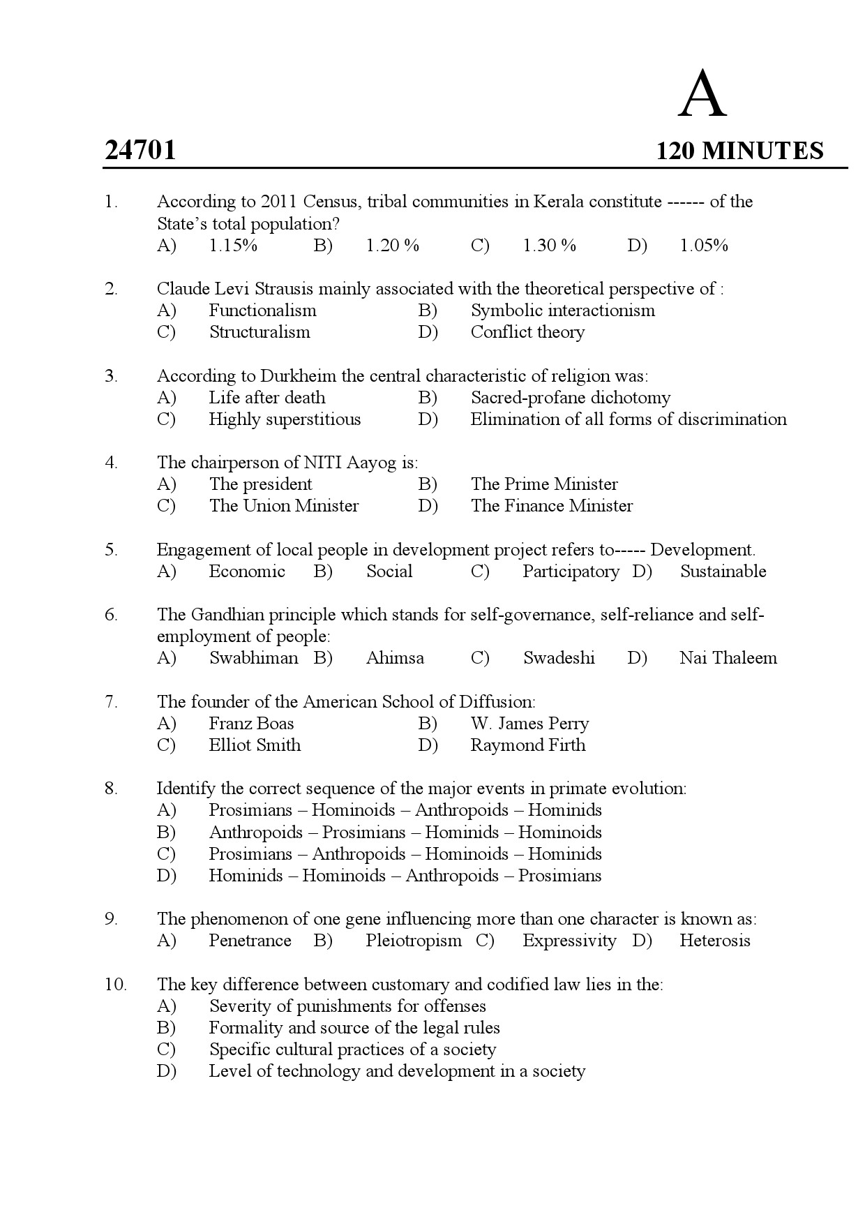 Kerala SET Anthropology Exam Question Paper July 2024 1