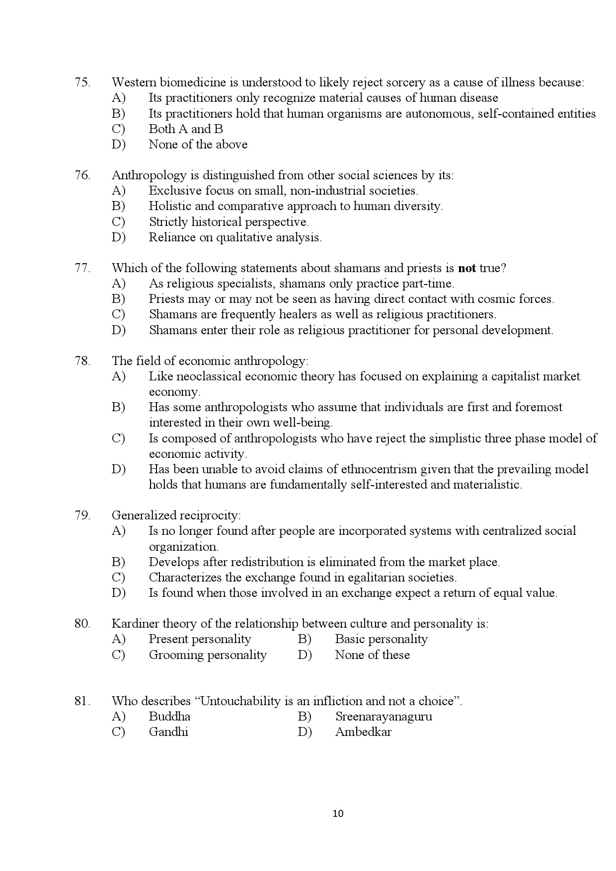 Kerala SET Anthropology Exam Question Paper July 2024 10