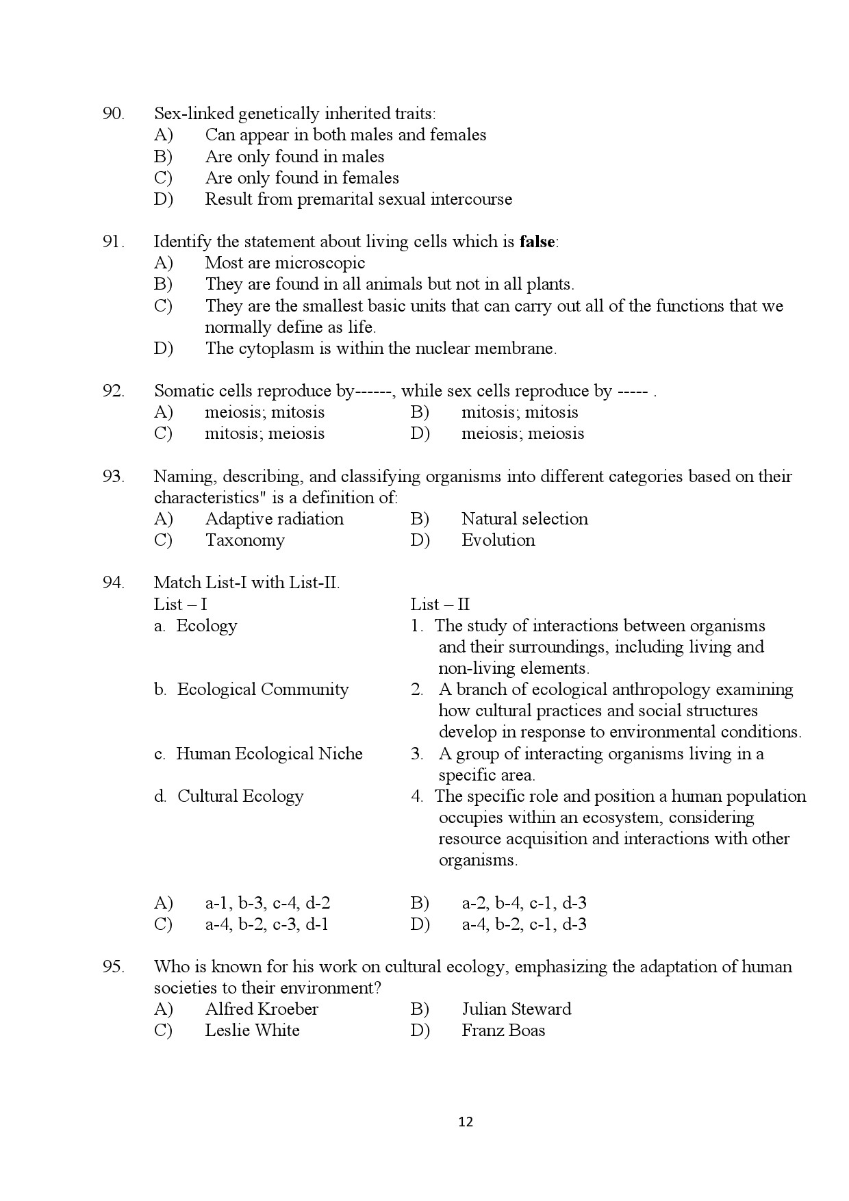 Kerala SET Anthropology Exam Question Paper July 2024 12