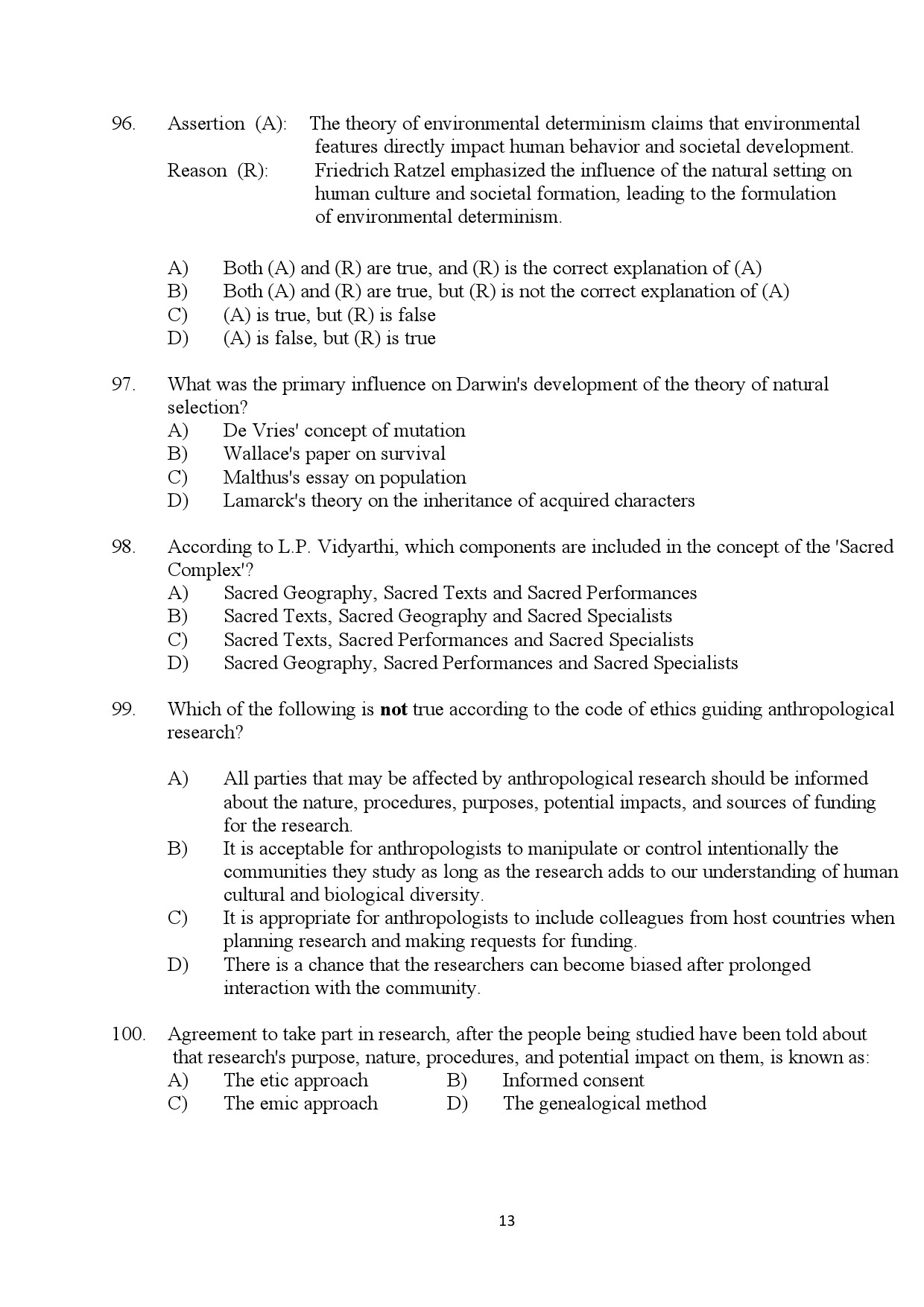 Kerala SET Anthropology Exam Question Paper July 2024 13