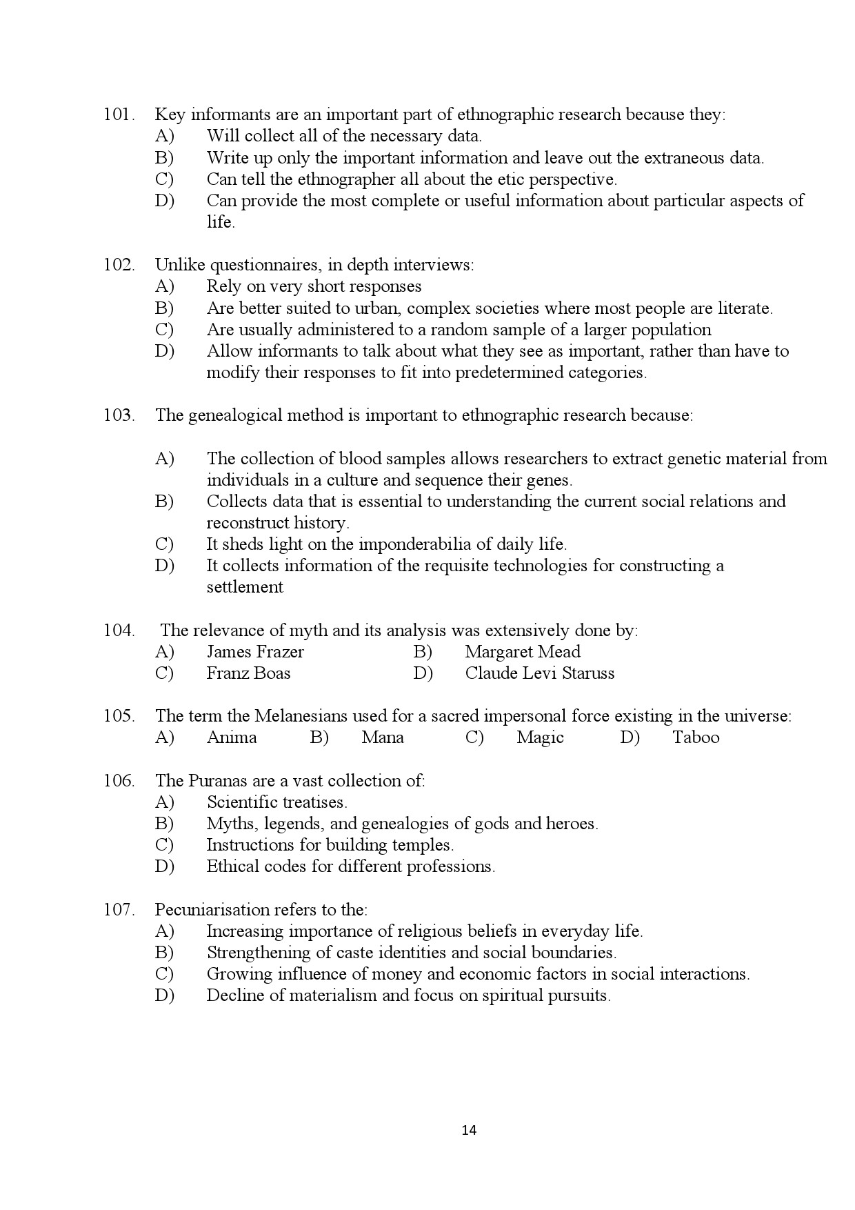 Kerala SET Anthropology Exam Question Paper July 2024 14