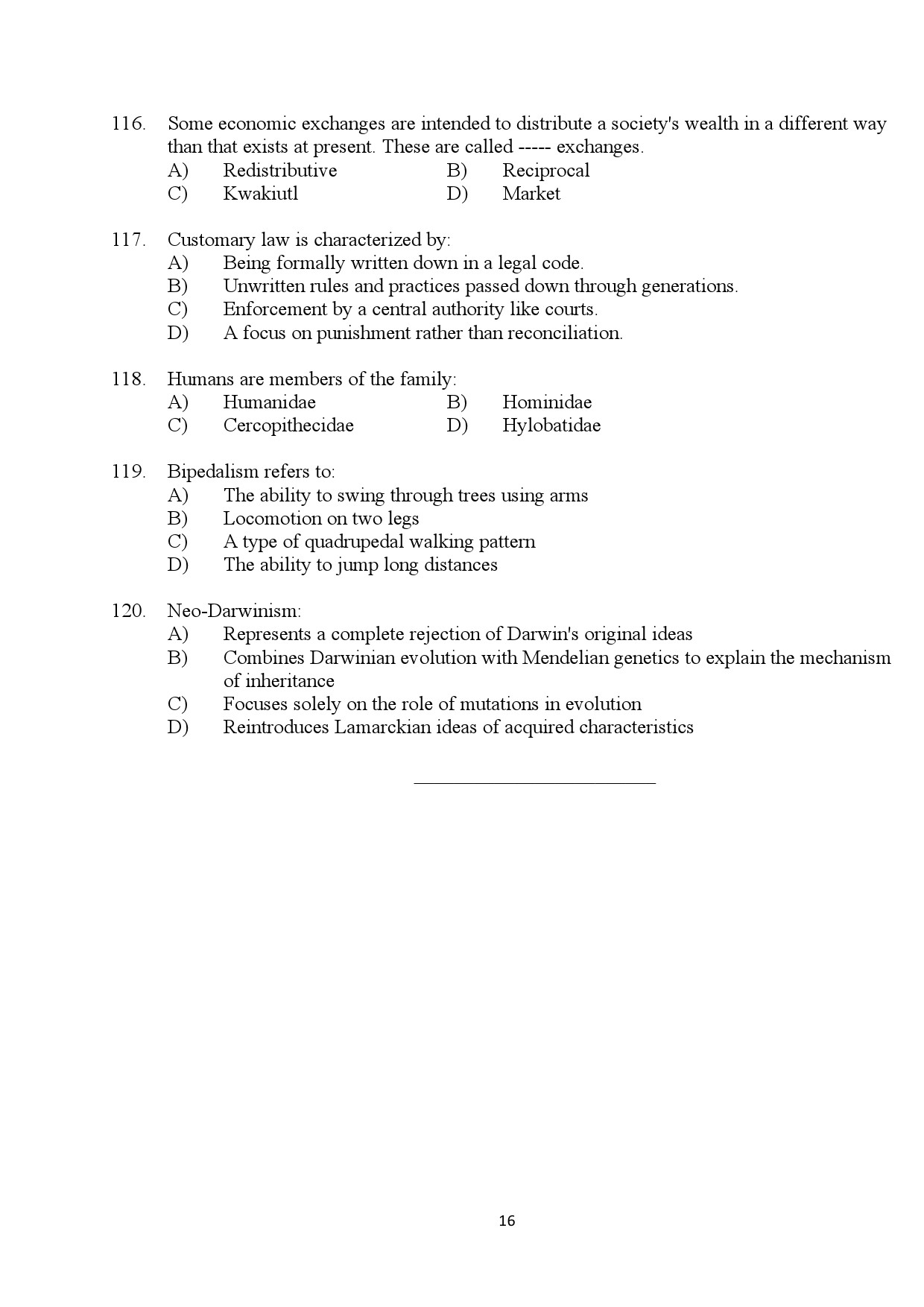 Kerala SET Anthropology Exam Question Paper July 2024 16