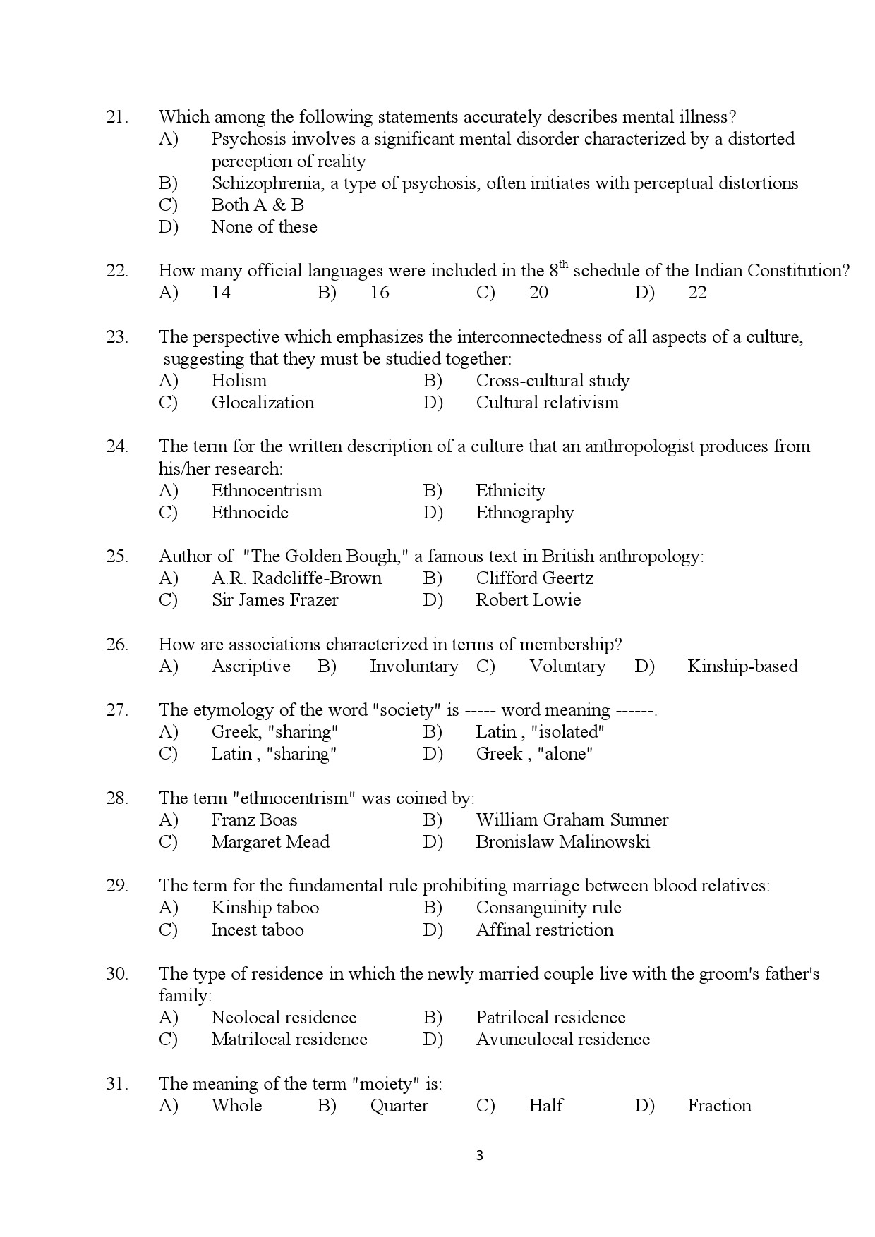 Kerala SET Anthropology Exam Question Paper July 2024 3