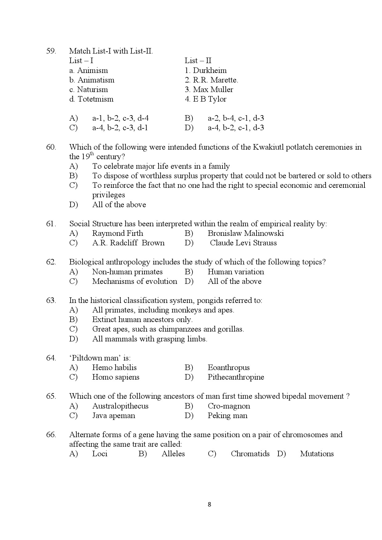 Kerala SET Anthropology Exam Question Paper July 2024 8