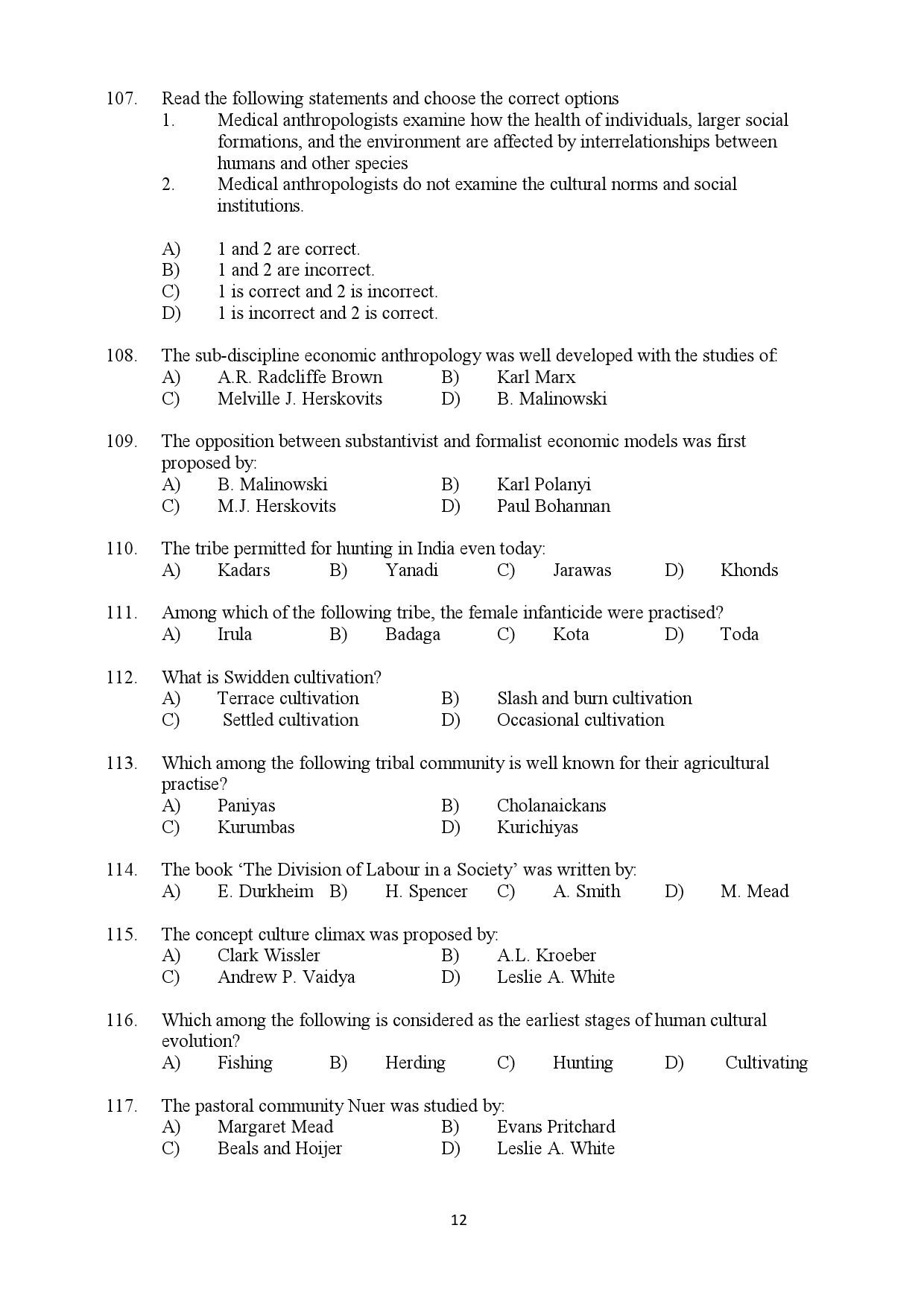 Kerala SET Anthropology Question Paper July 2019 12