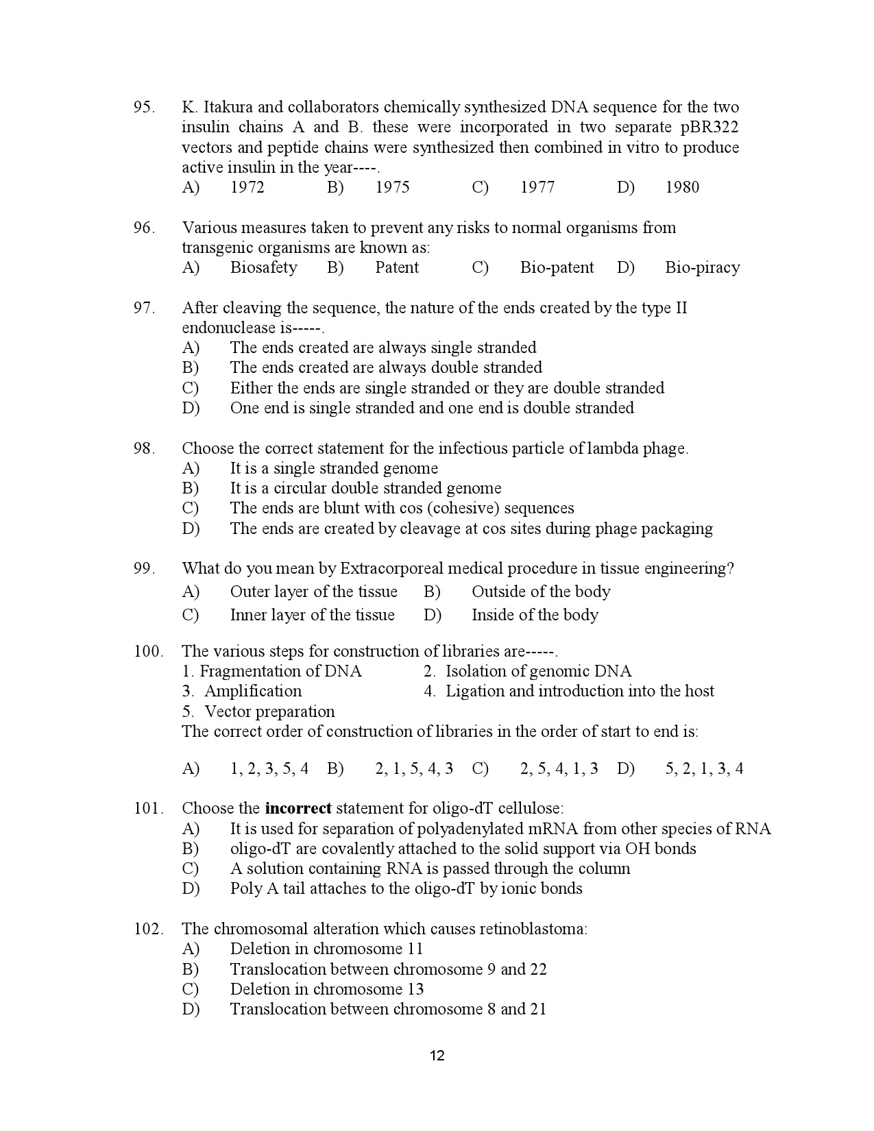 Kerala SET Biotechnology Exam Question Paper January 2023 12