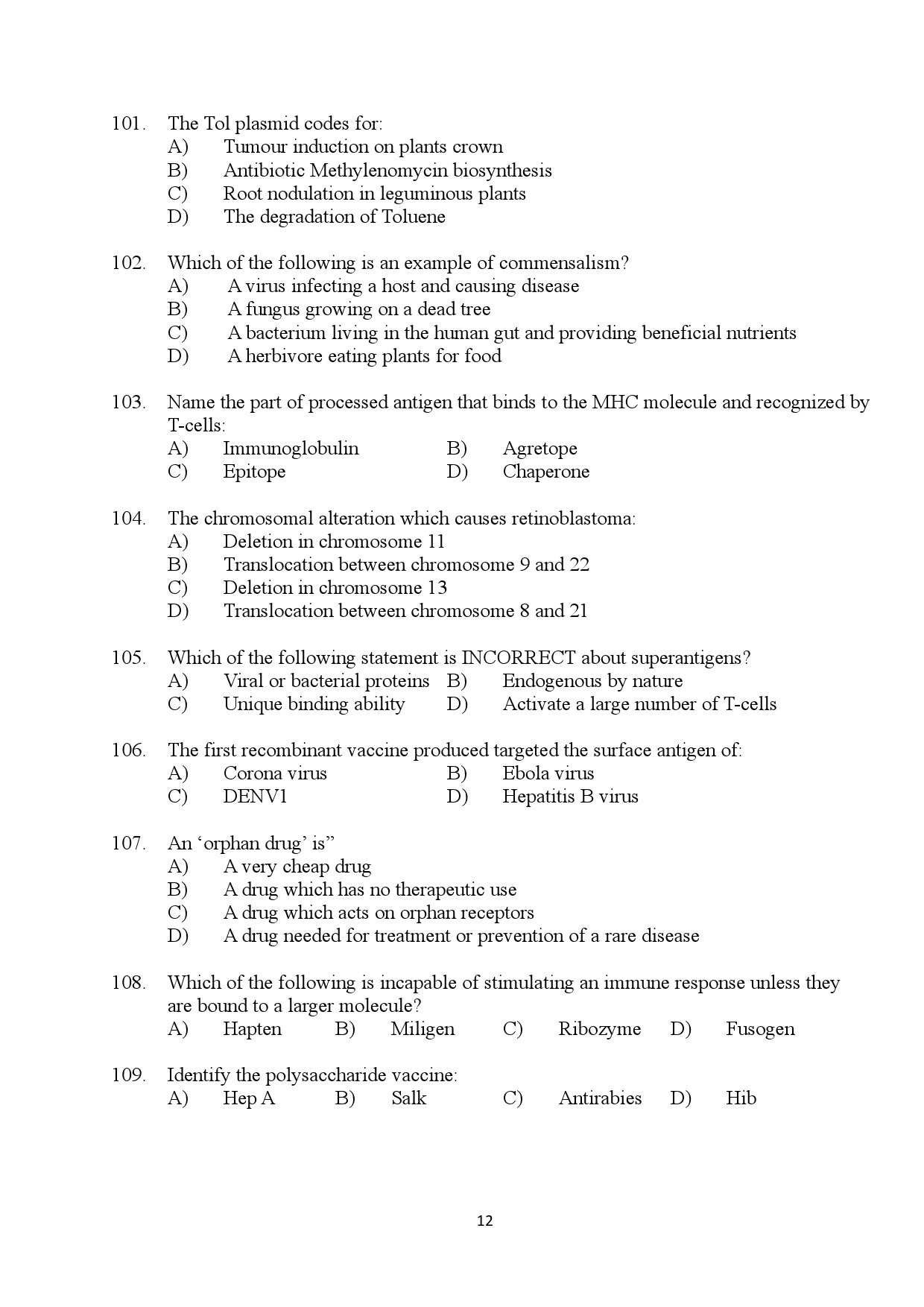 Kerala SET Biotechnology Exam Question Paper January 2024 12