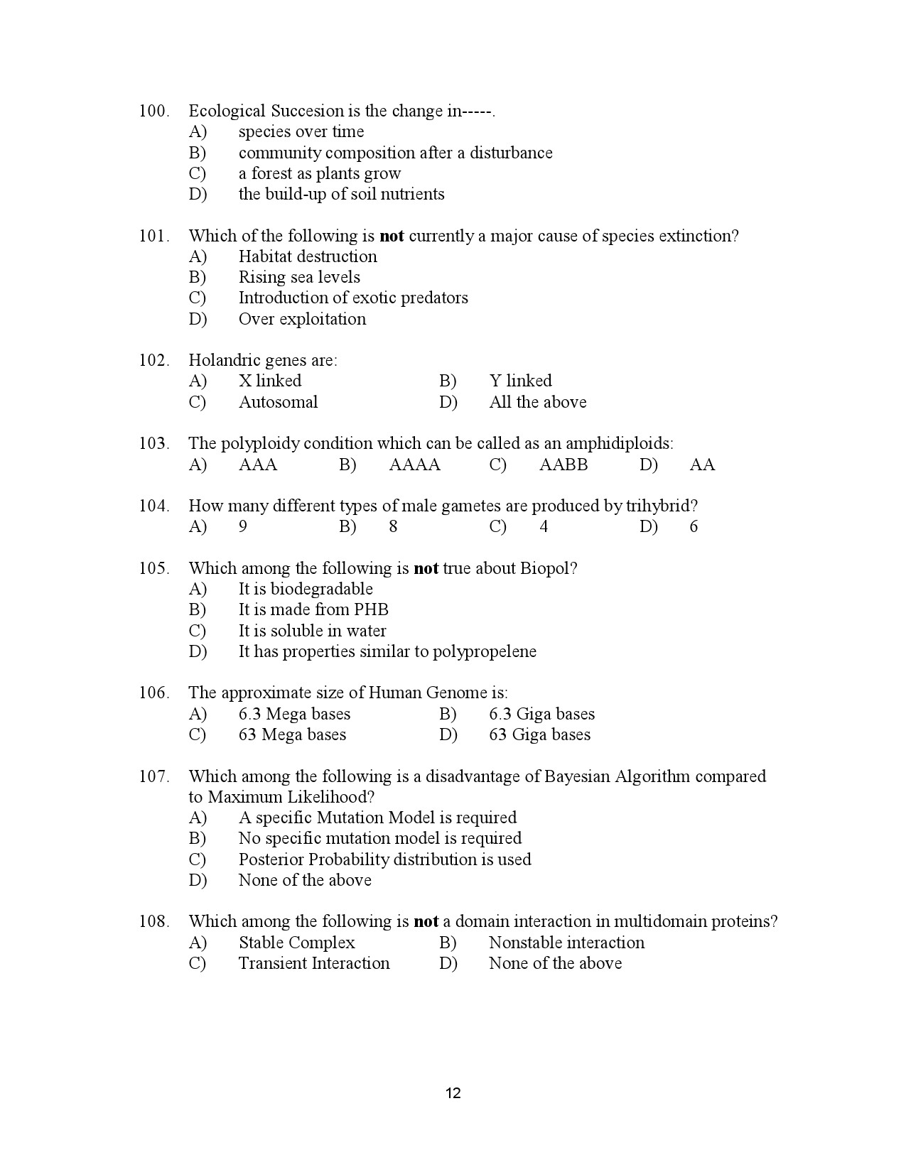 Kerala SET Biotechnology Exam Question Paper July 2023 12