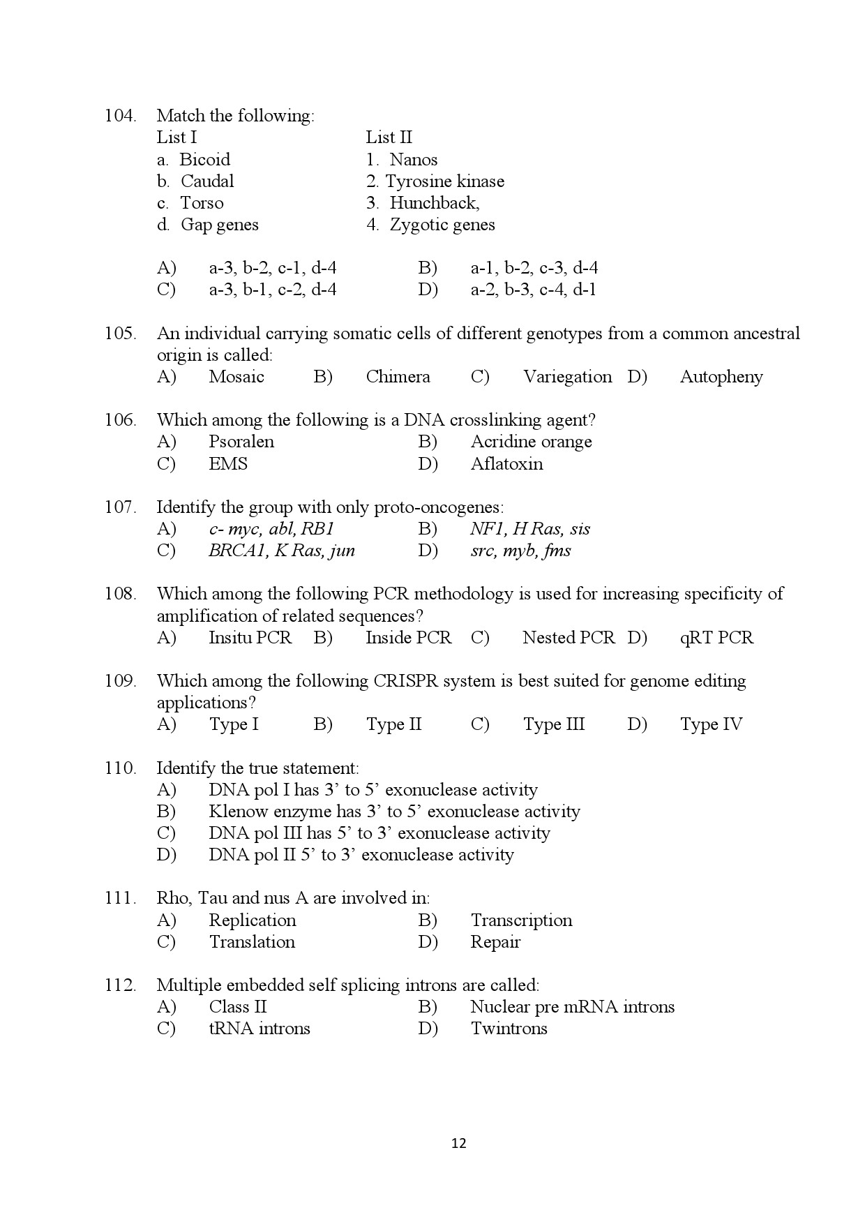 Kerala SET Biotechnology Exam Question Paper July 2024 12