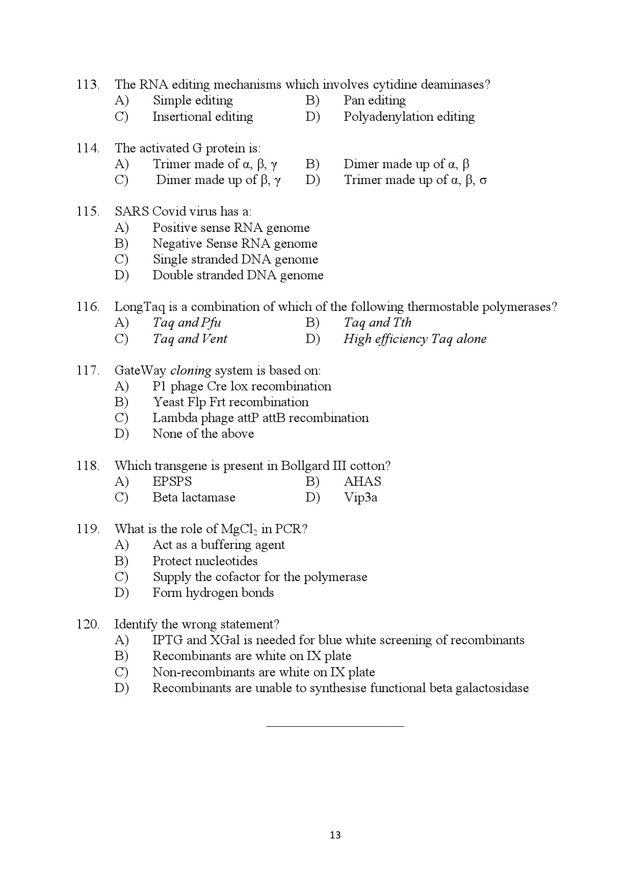 Kerala SET Biotechnology Exam Question Paper July 2024 13