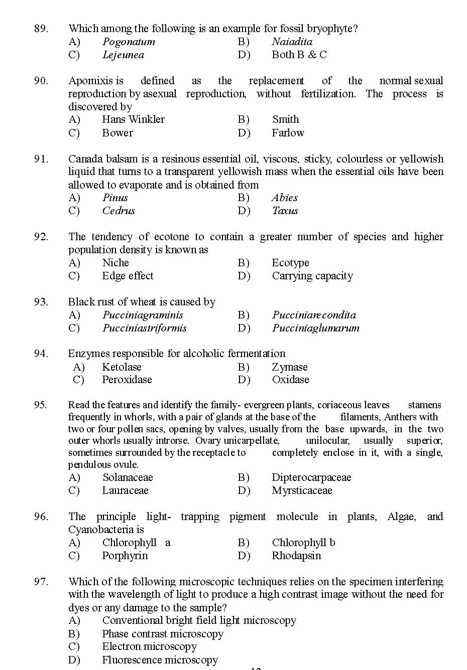 Kerala SET Botany Exam 2015 Question Code 15603 12