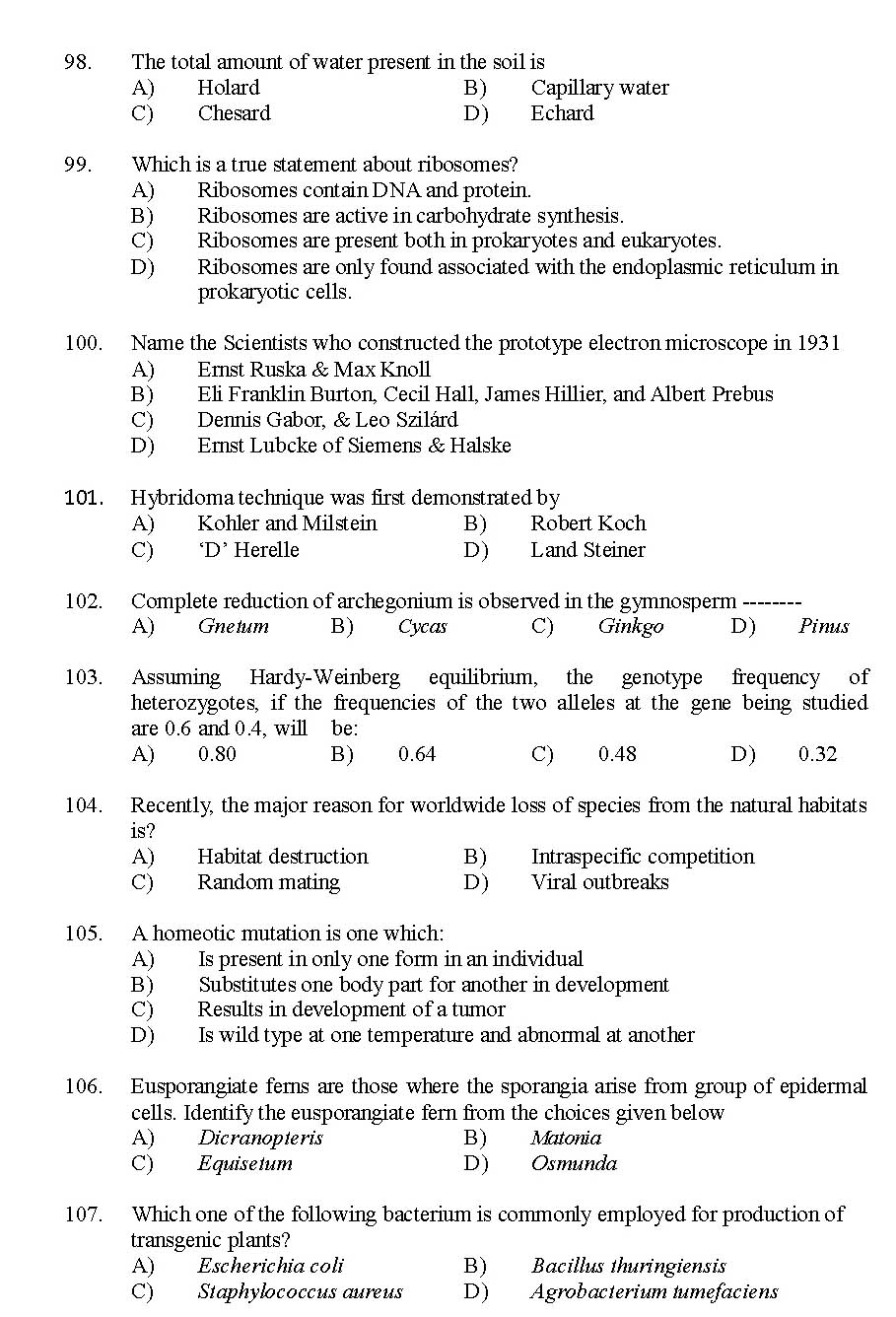 Kerala SET Botany Exam 2015 Question Code 15603 13