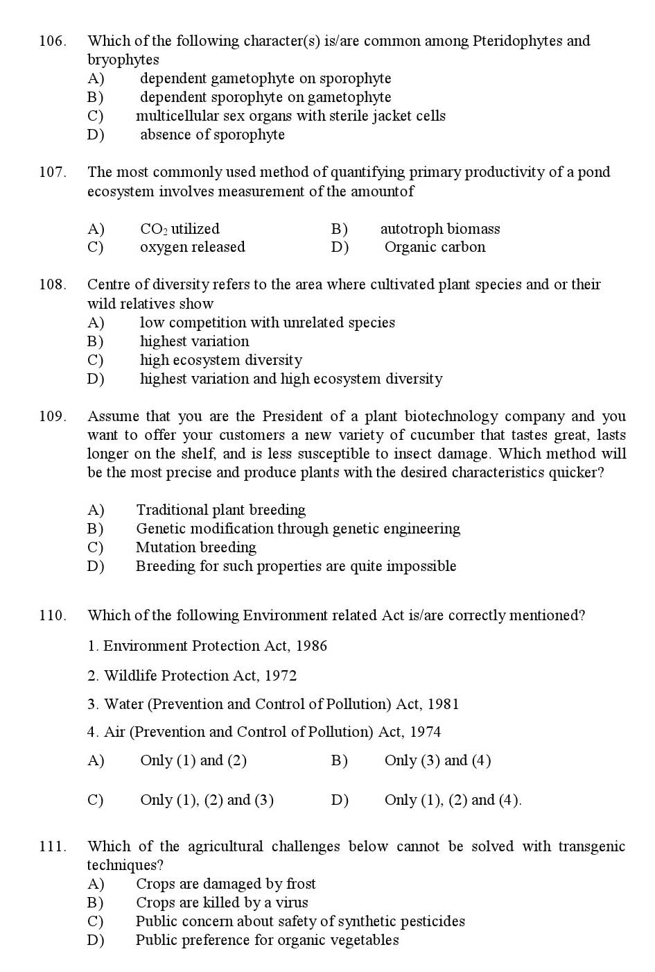 Kerala SET Botany Exam 2016 Question Code 16603 A 16