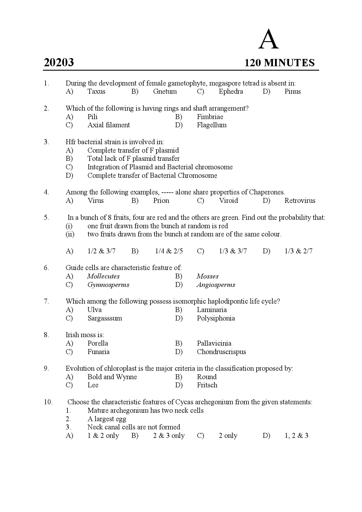 Kerala SET Botany Exam Question Paper February 2020 1