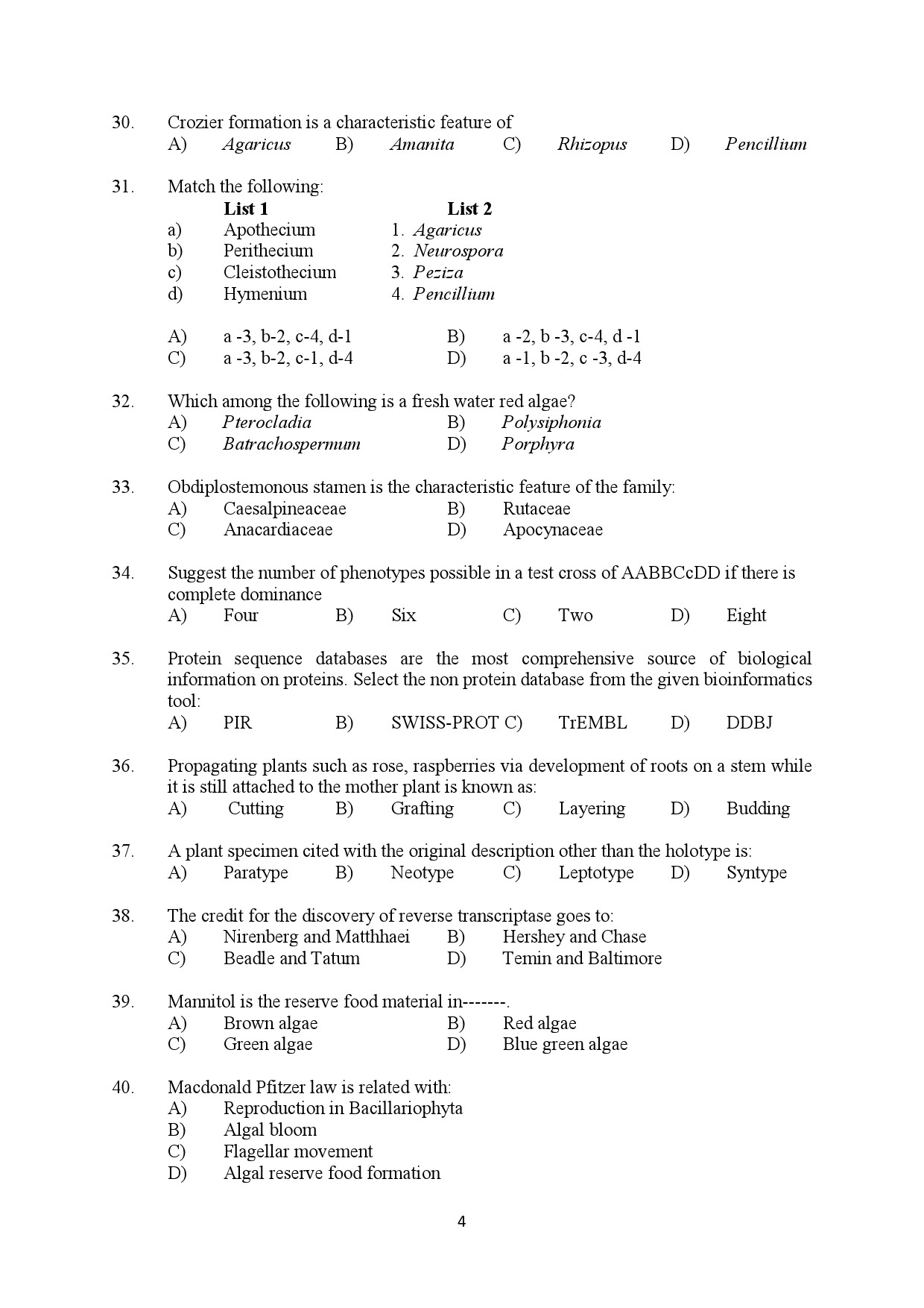Kerala SET Botany Exam Question Paper February 2020 4