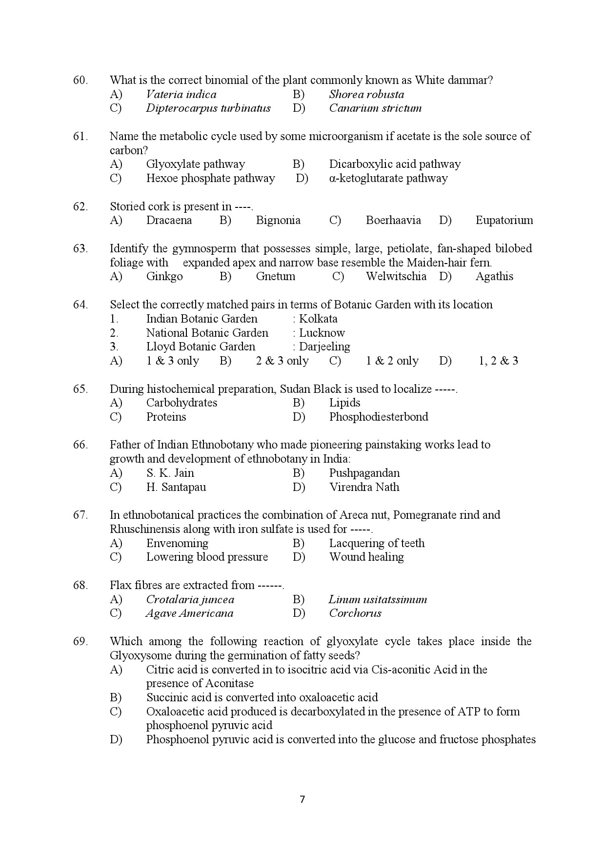 Kerala SET Botany Exam Question Paper February 2020 7