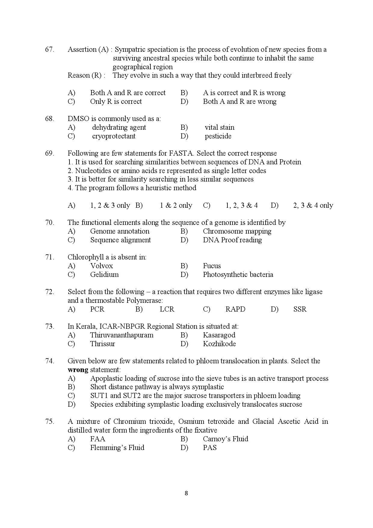 Kerala SET Botany Exam Question Paper January 2022 8