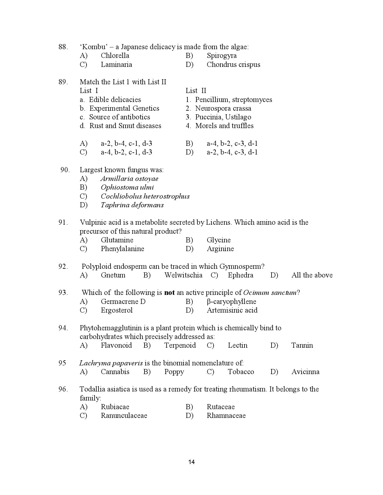 Kerala SET Botany Exam Question Paper January 2023 14