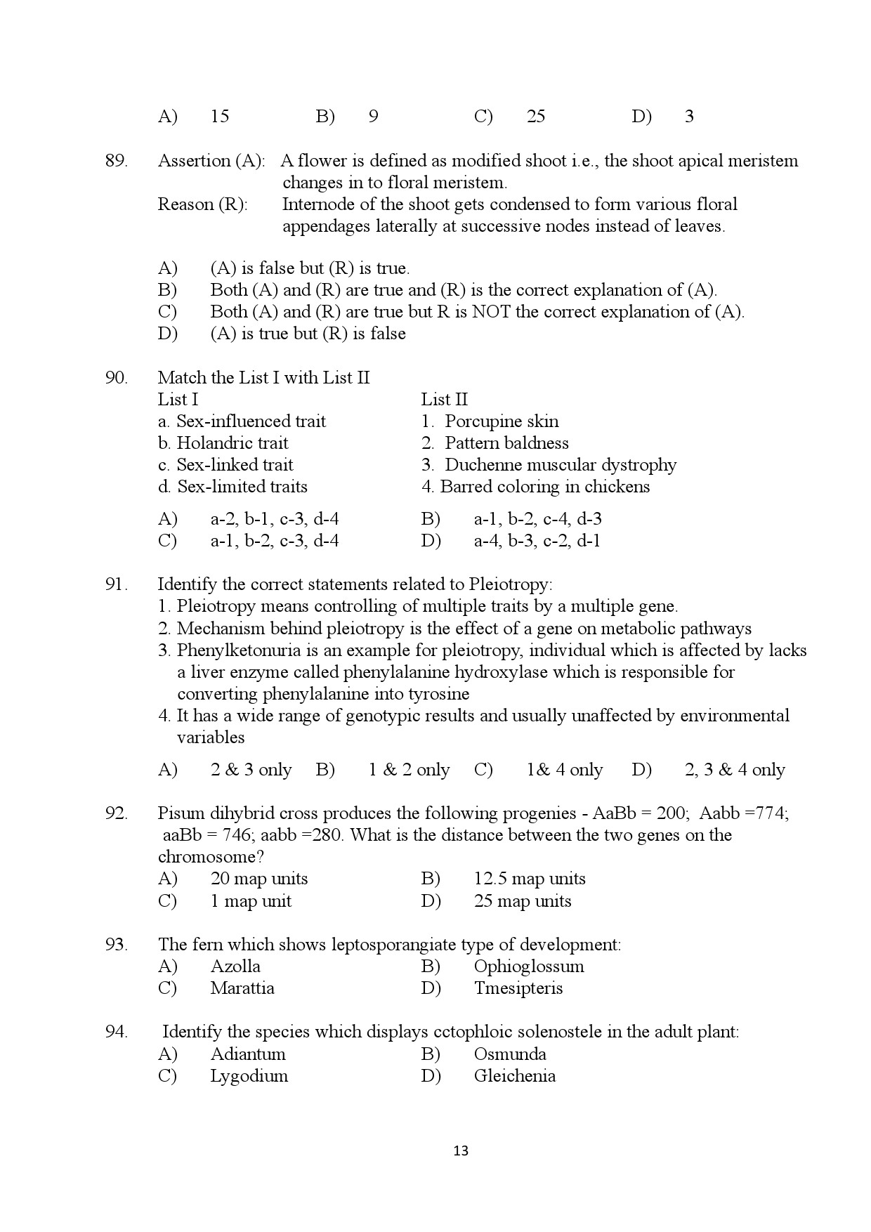 Kerala SET Botany Exam Question Paper January 2024 13