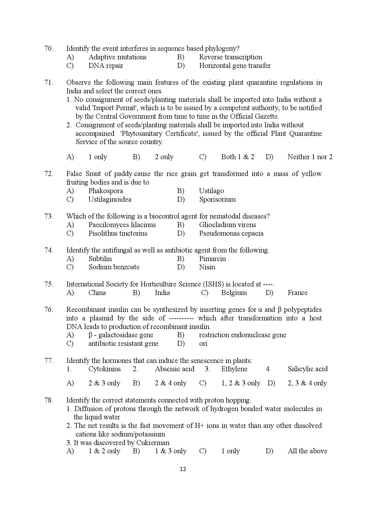 Kerala SET Botany Exam Question Paper July 2022 12