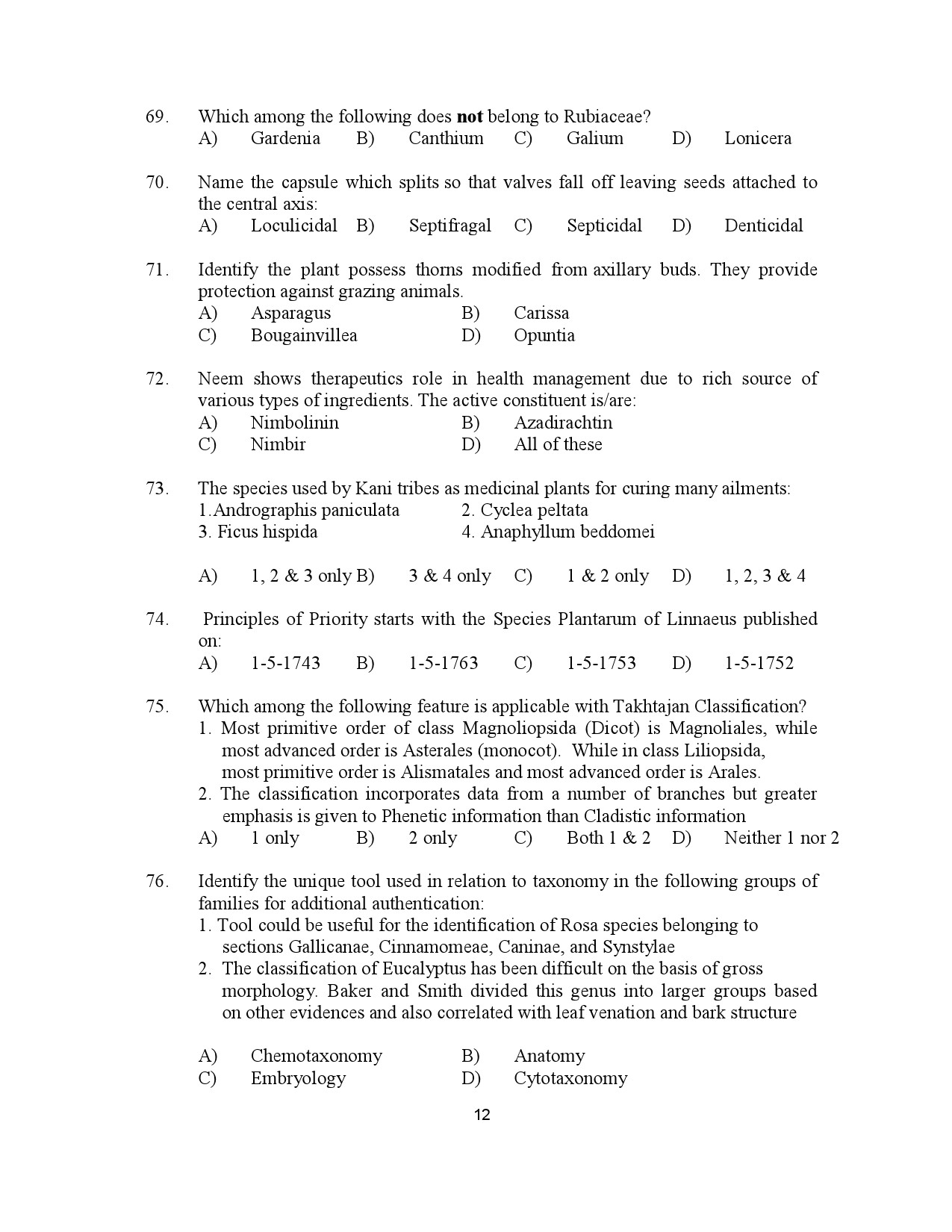 Kerala SET Botany Exam Question Paper July 2023 12