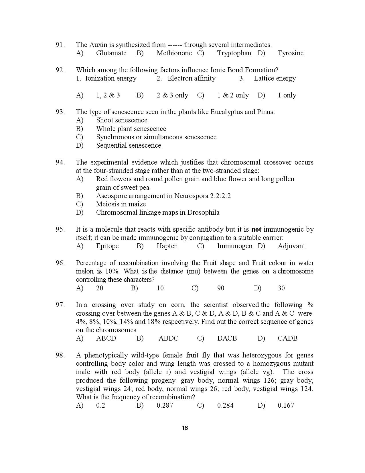 Kerala SET Botany Exam Question Paper July 2023 16