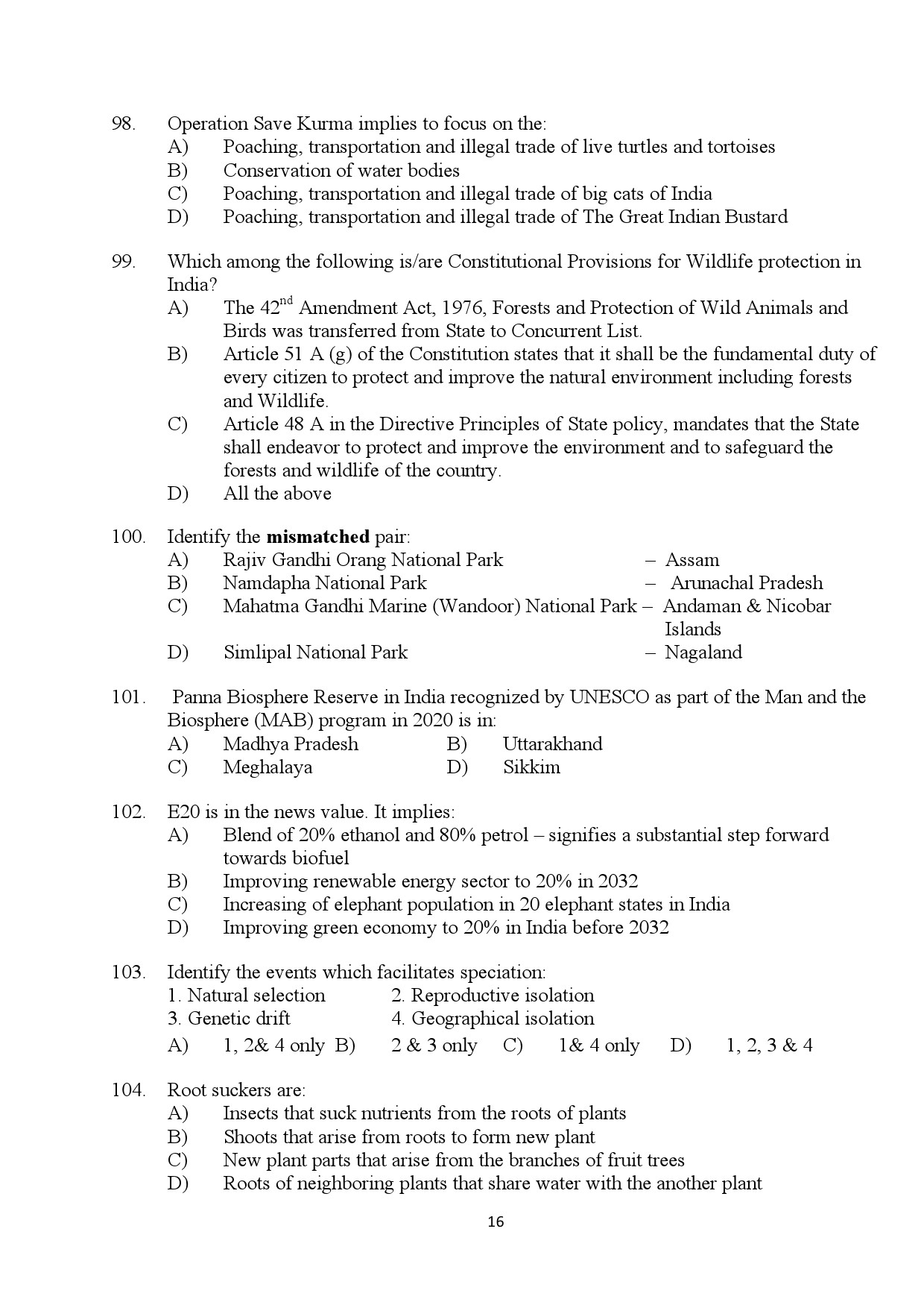 Kerala SET Botany Exam Question Paper July 2024 16