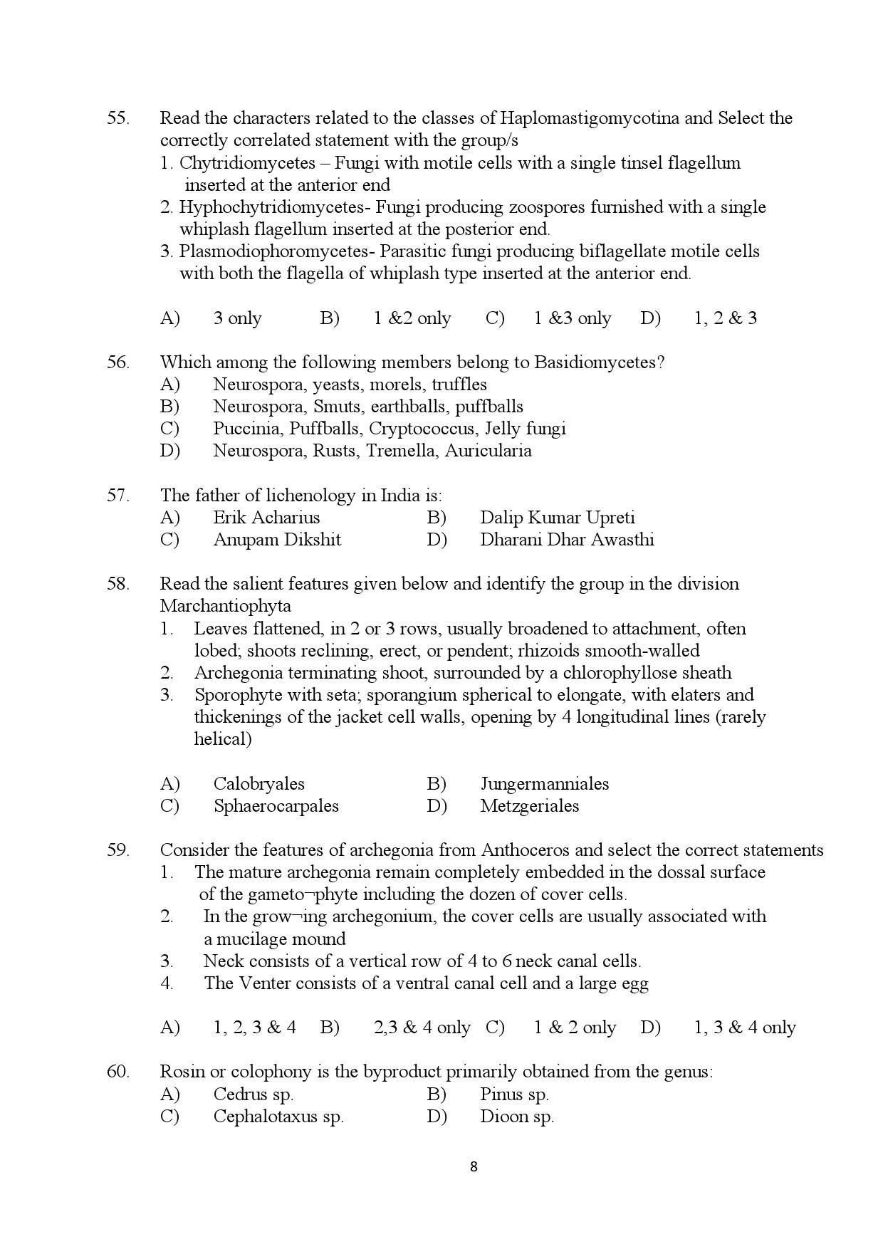 Kerala SET Botany Exam Question Paper July 2024 8