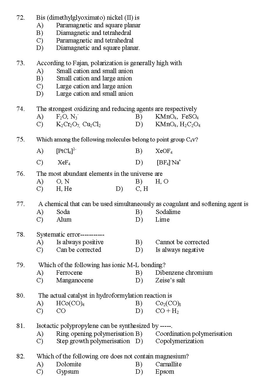 Kerala SET Chemistry Exam 2014 Question Code 14204 10
