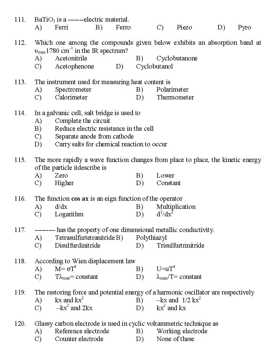 Kerala SET Chemistry Exam 2014 Question Code 14204 14