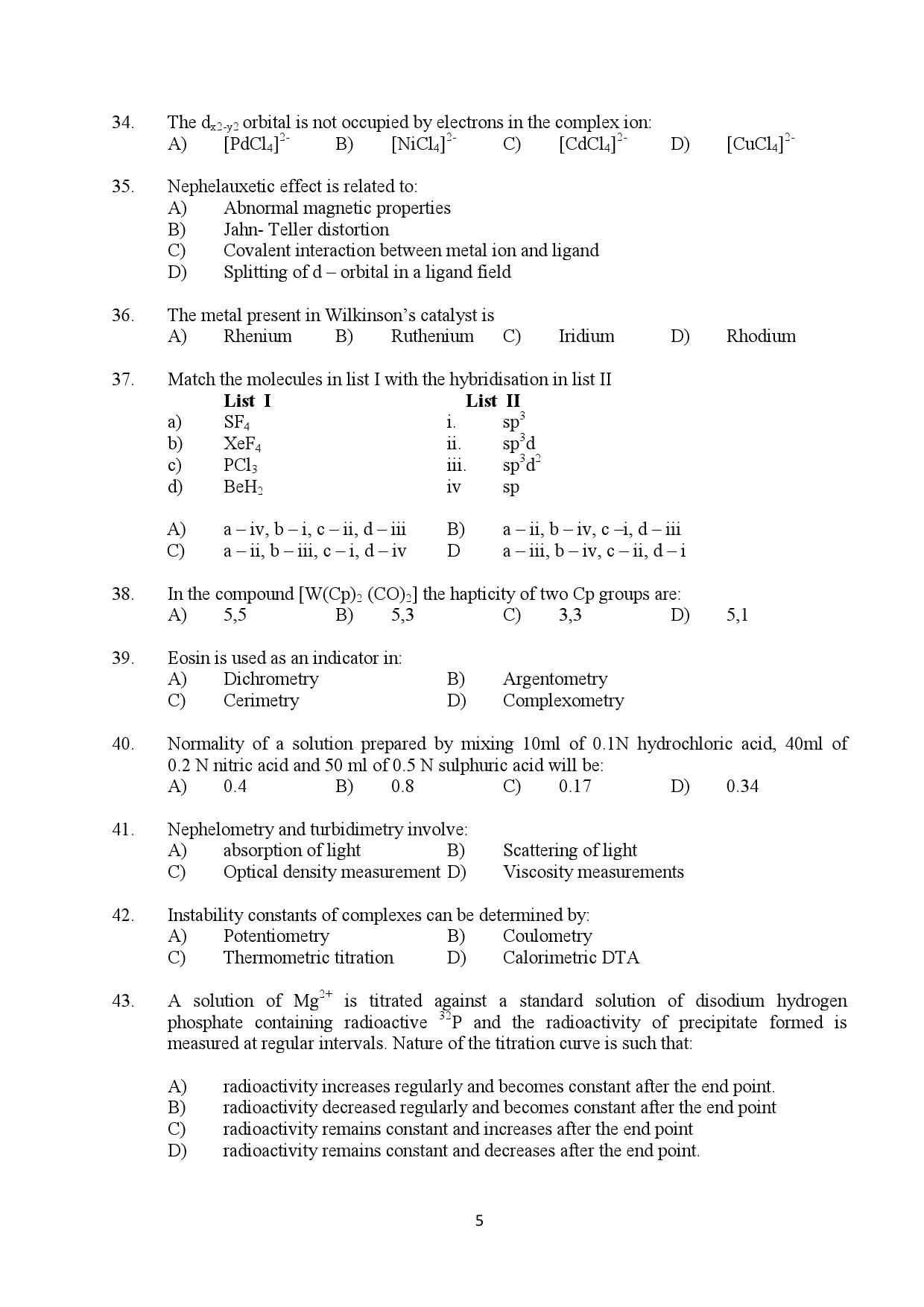 Kerala SET Chemistry Exam Question Paper February 2020 5