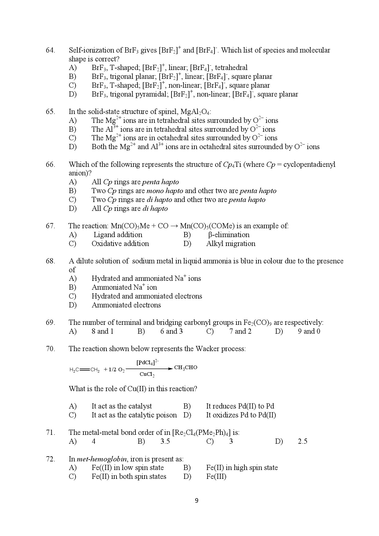 Kerala SET Chemistry Exam Question Paper February 2020 9