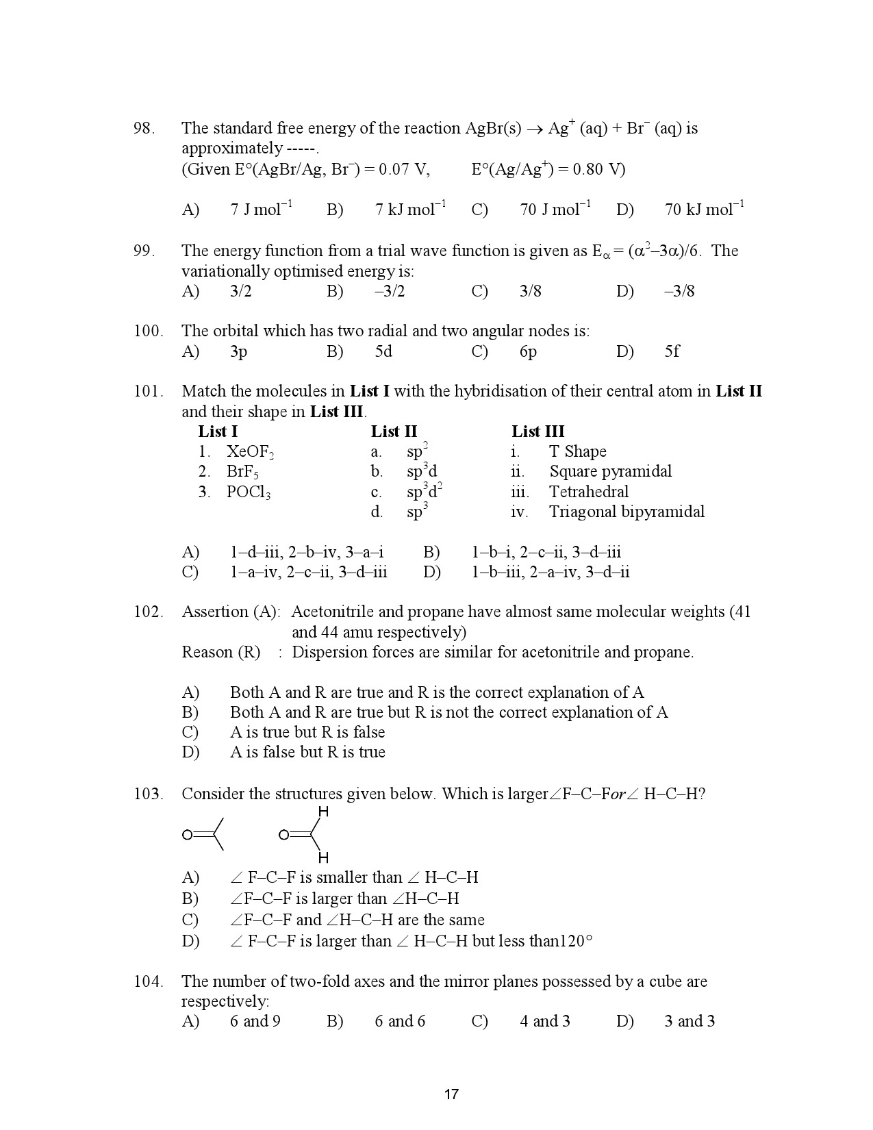 Kerala SET Chemistry Exam Question Paper July 2023 17