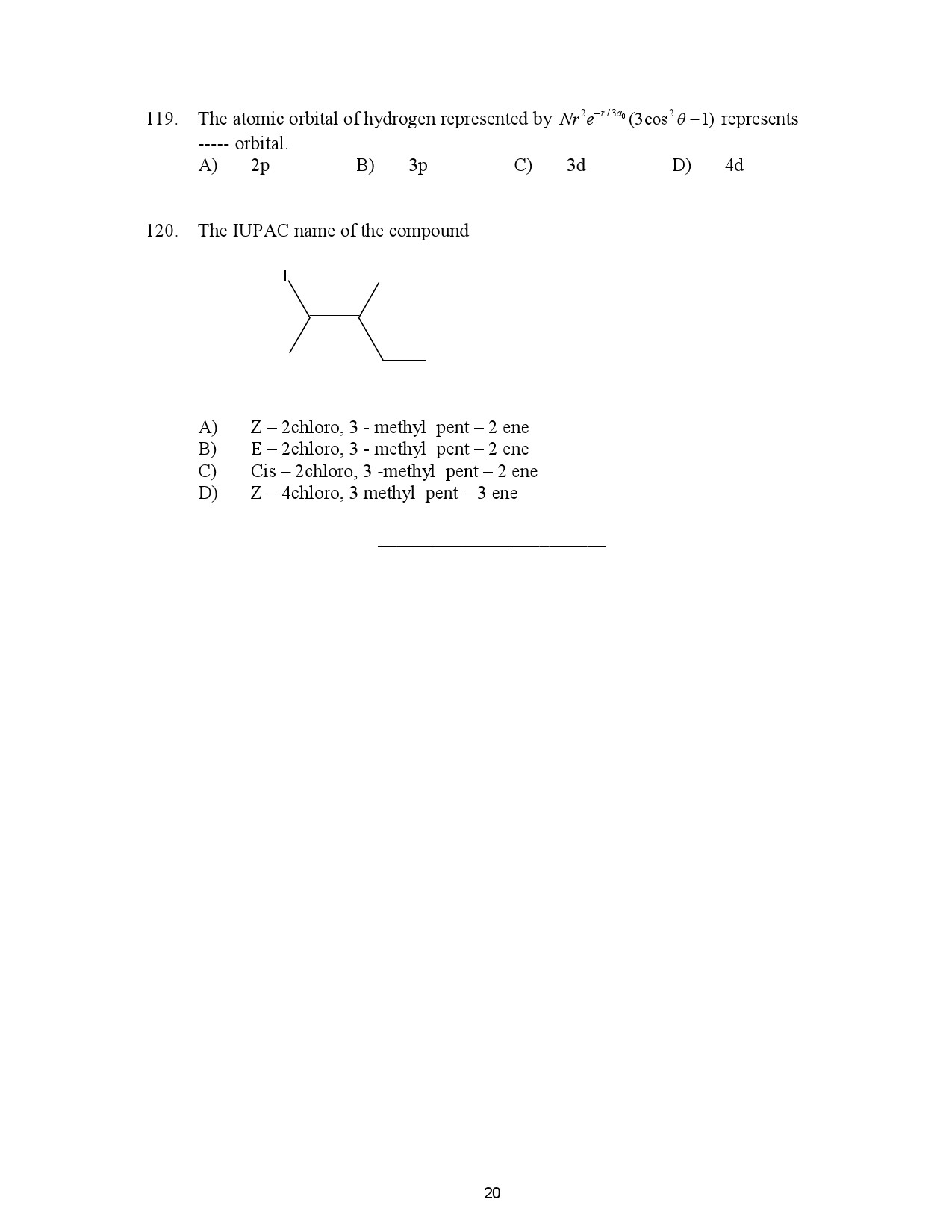 Kerala SET Chemistry Exam Question Paper July 2023 20