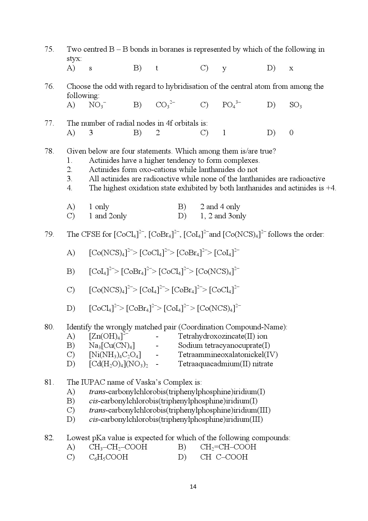 Kerala SET Chemistry Exam Question Paper July 2024 14