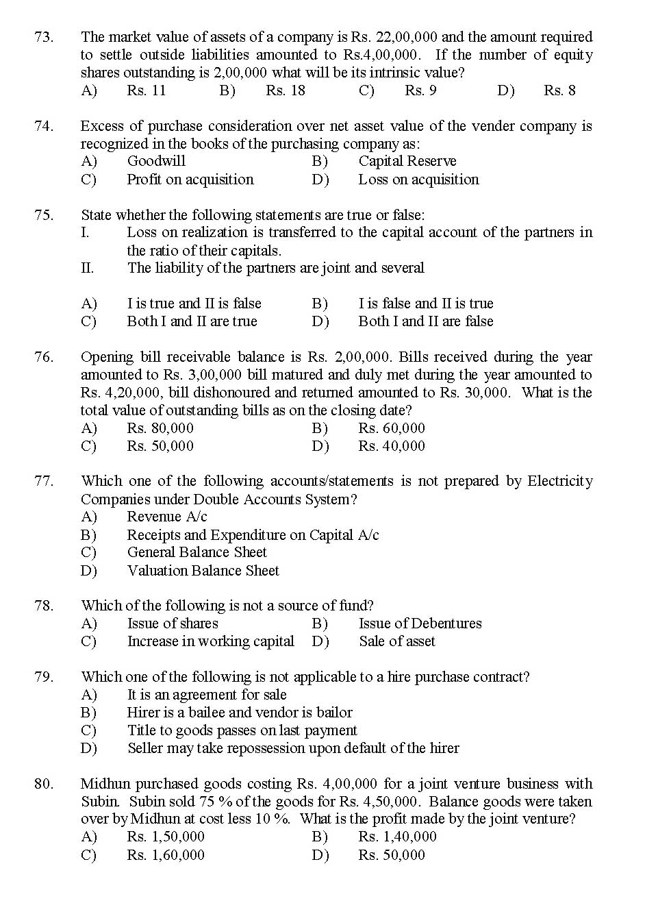 Kerala SET Commerce Exam 2016 Question Code 16105 A 8