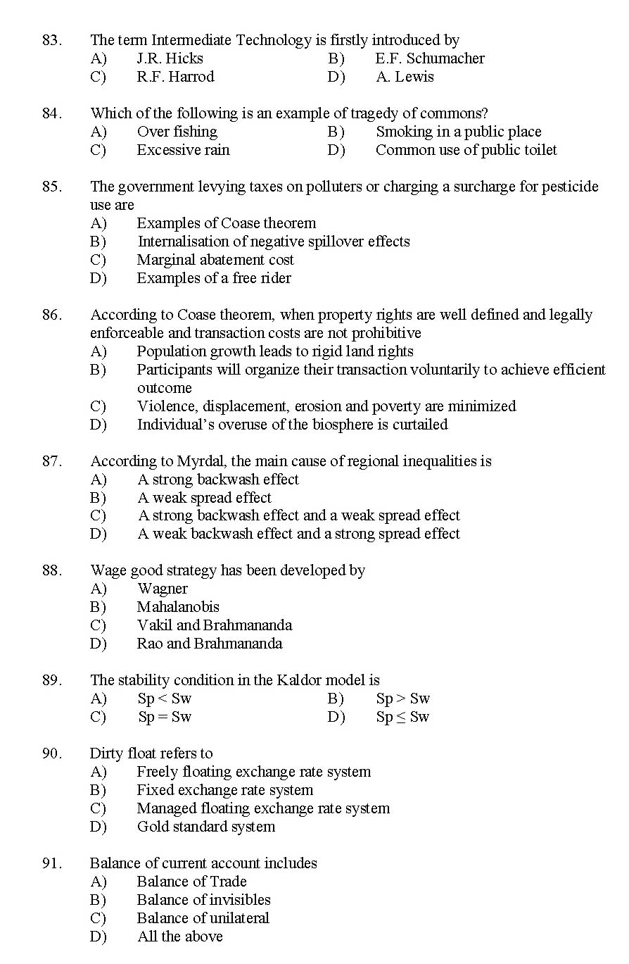 Kerala SET Economics Exam 2011 Question Code 91106 10