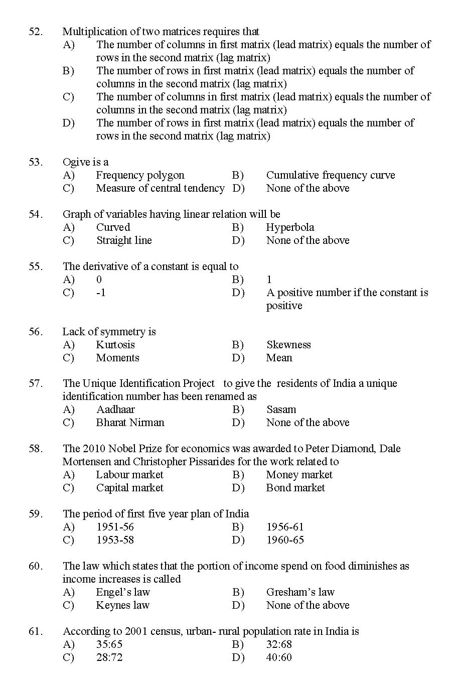 Kerala SET Economics Exam 2011 Question Code 91106 7